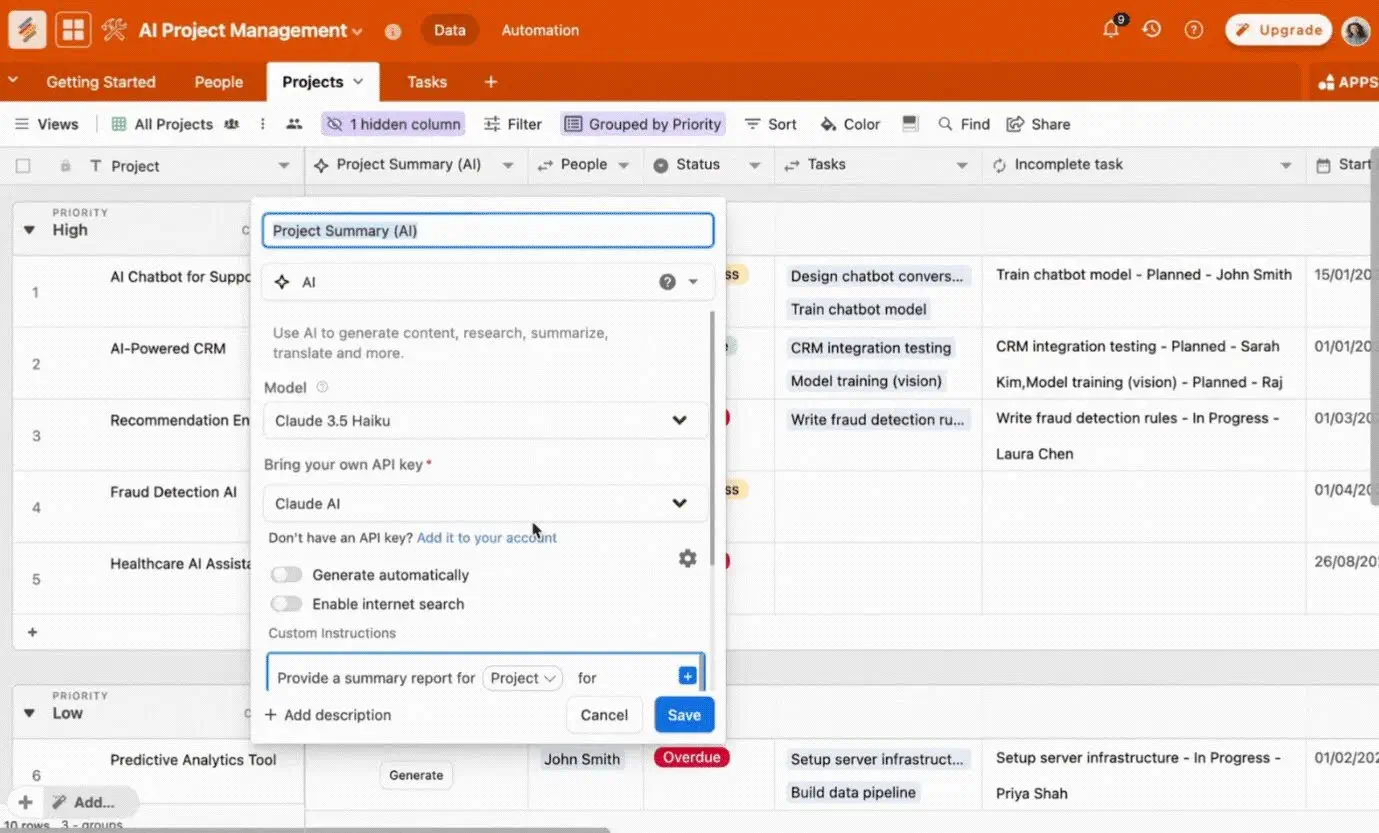 Stackby AI Field Agents applied to a project management database