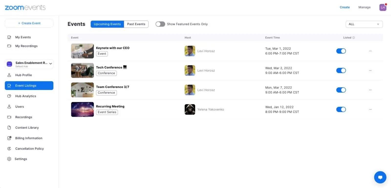 Zoom Events listing options in the app
