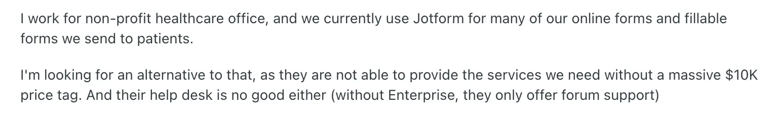 User discussing Jotform pricing on Reddit