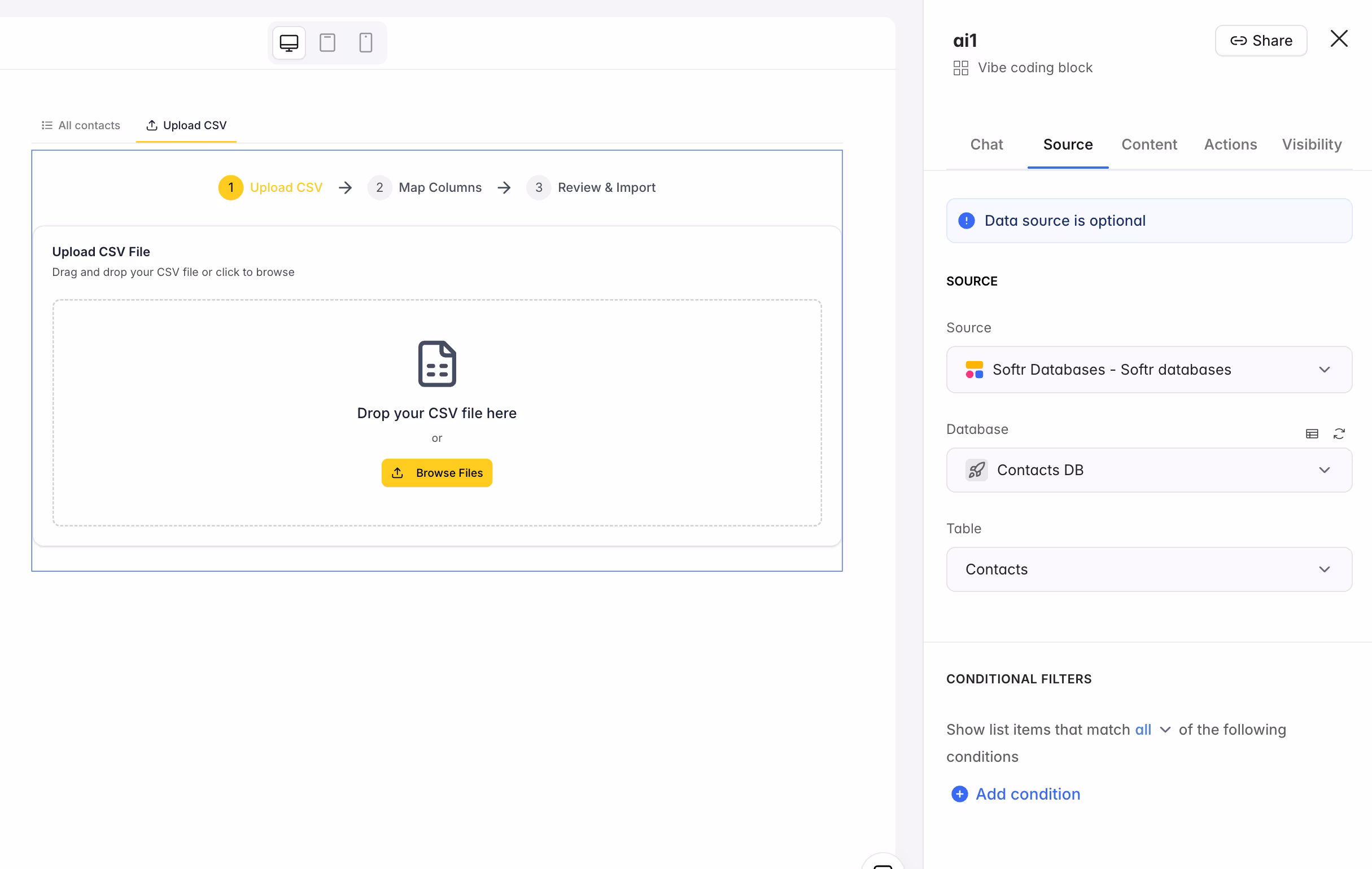 Connecting the vibe-coding block to your data source