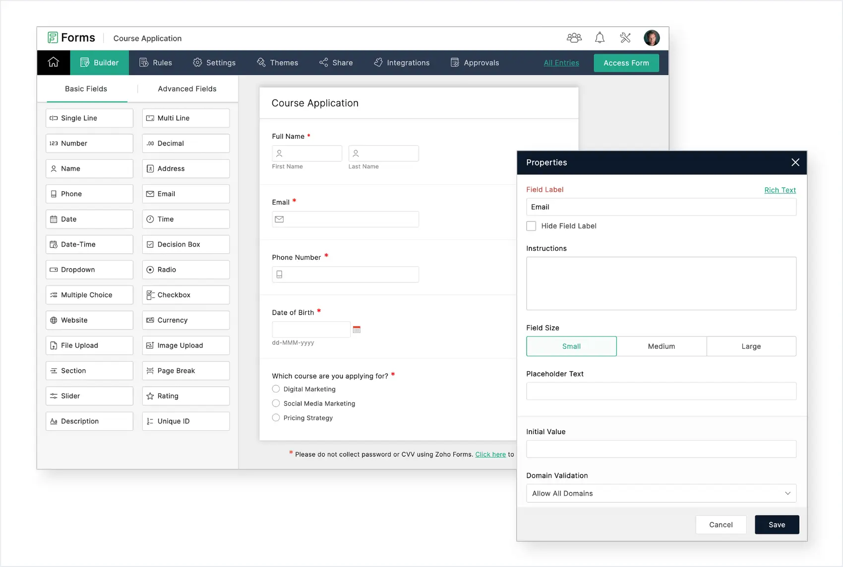 Zoho Forms user interface