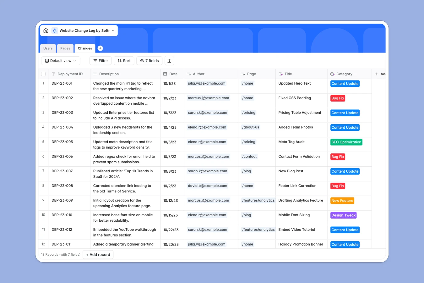 website change log database