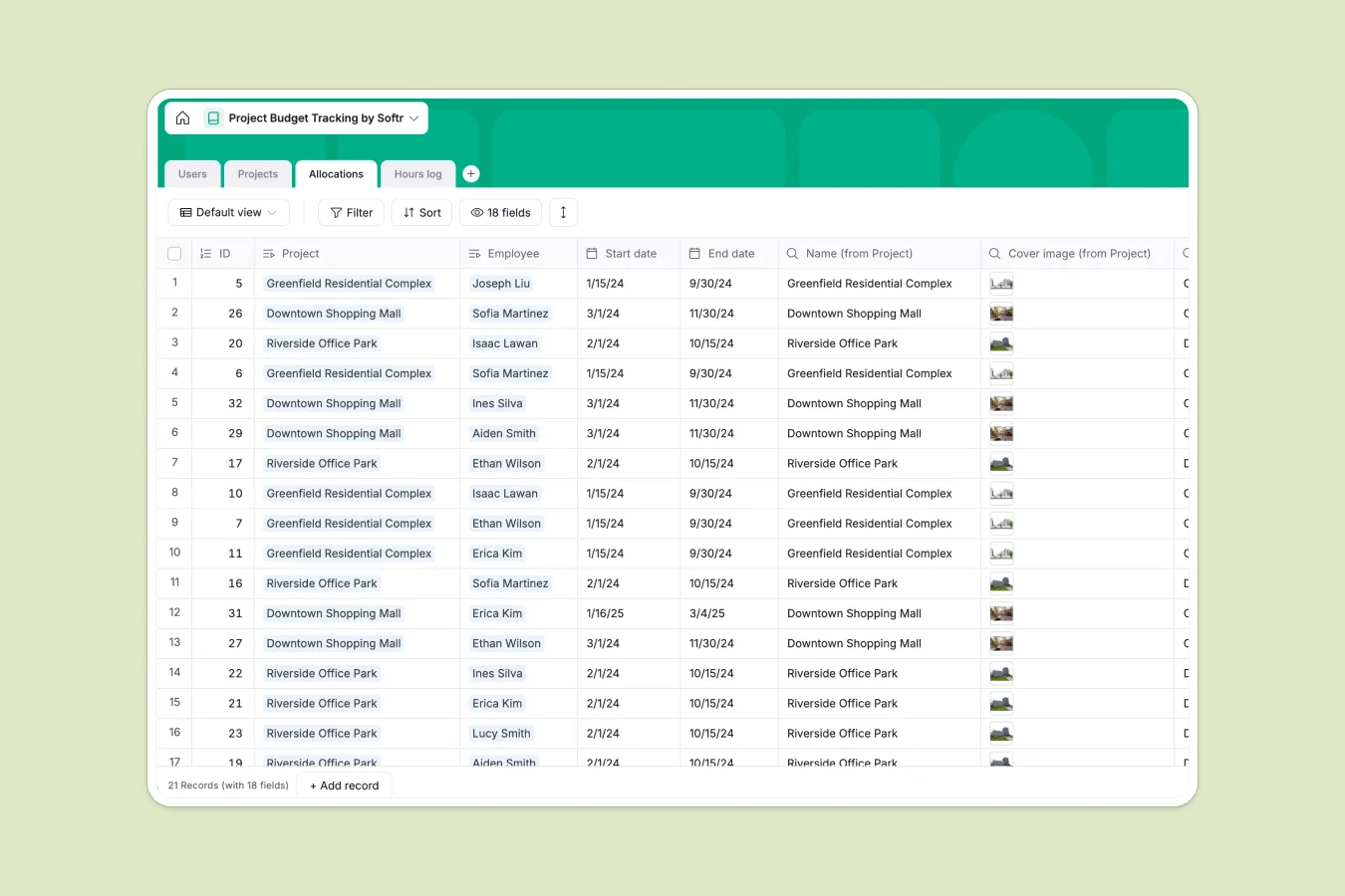 Project budget tracking database