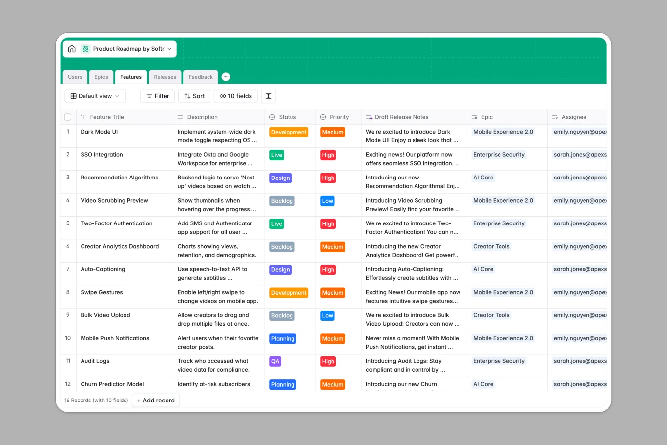 Product roadmap database