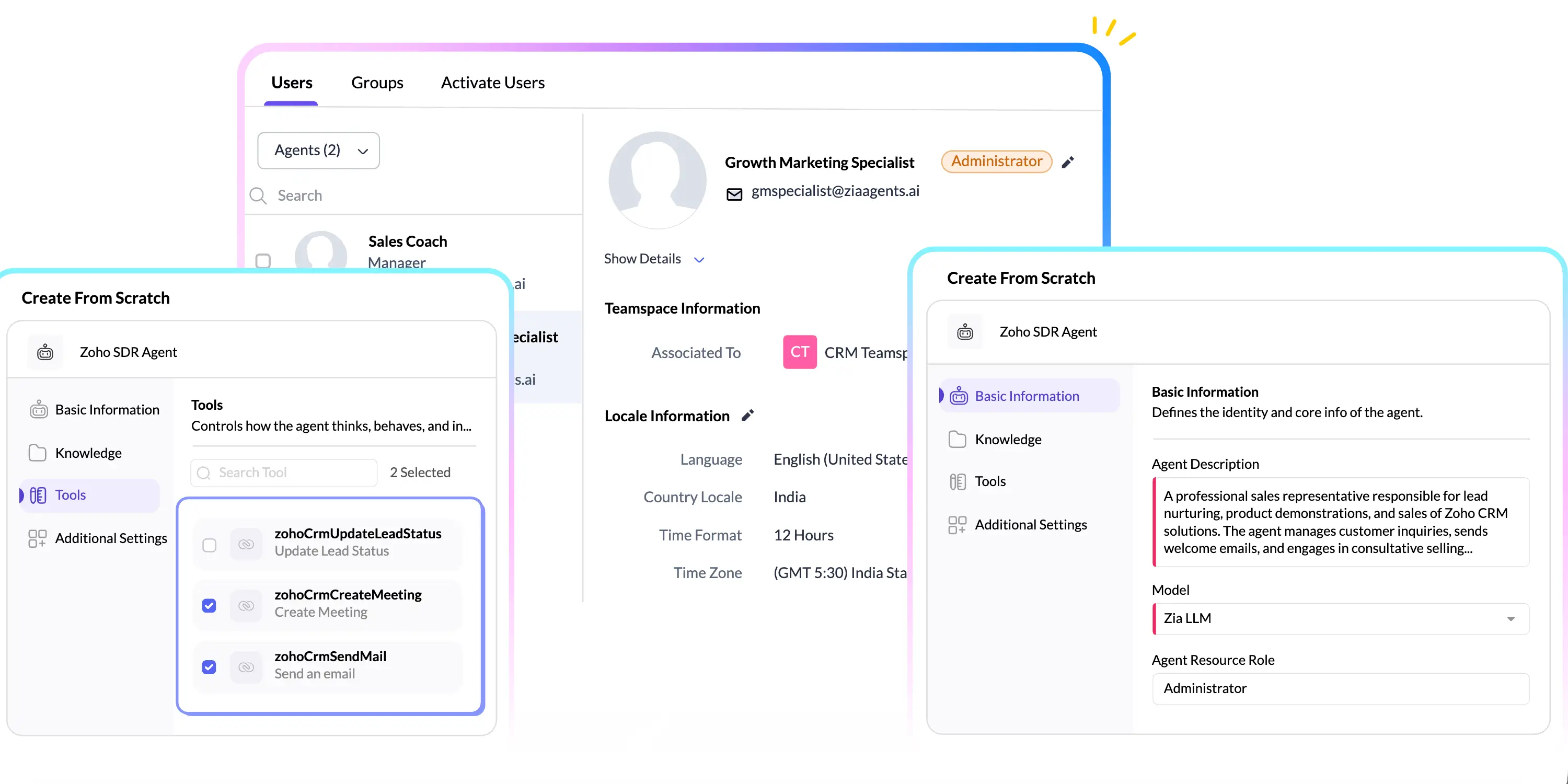 Zoho agent creating a profile inside a dashboard
