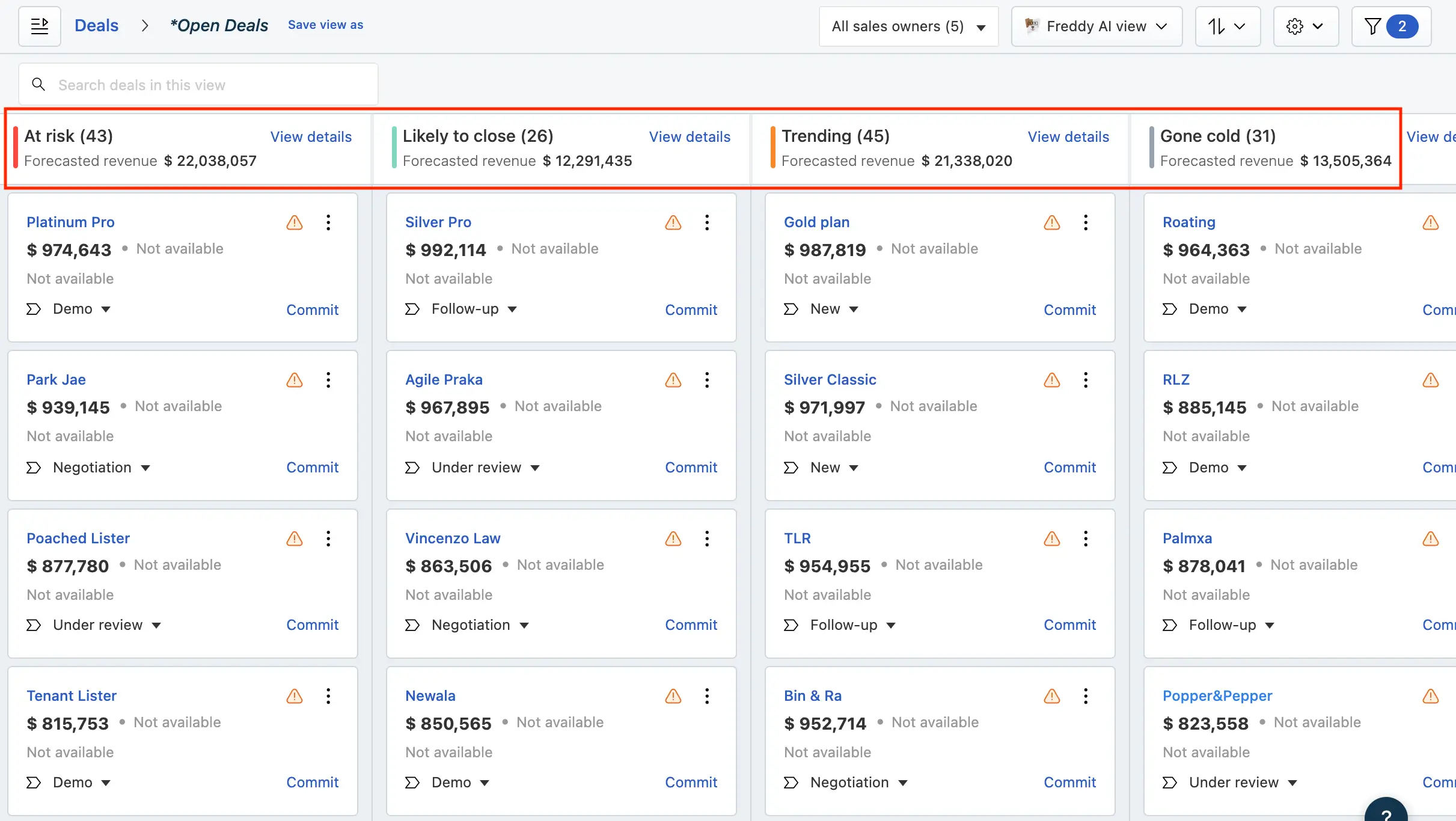 Freshsales CRM in a kanban view