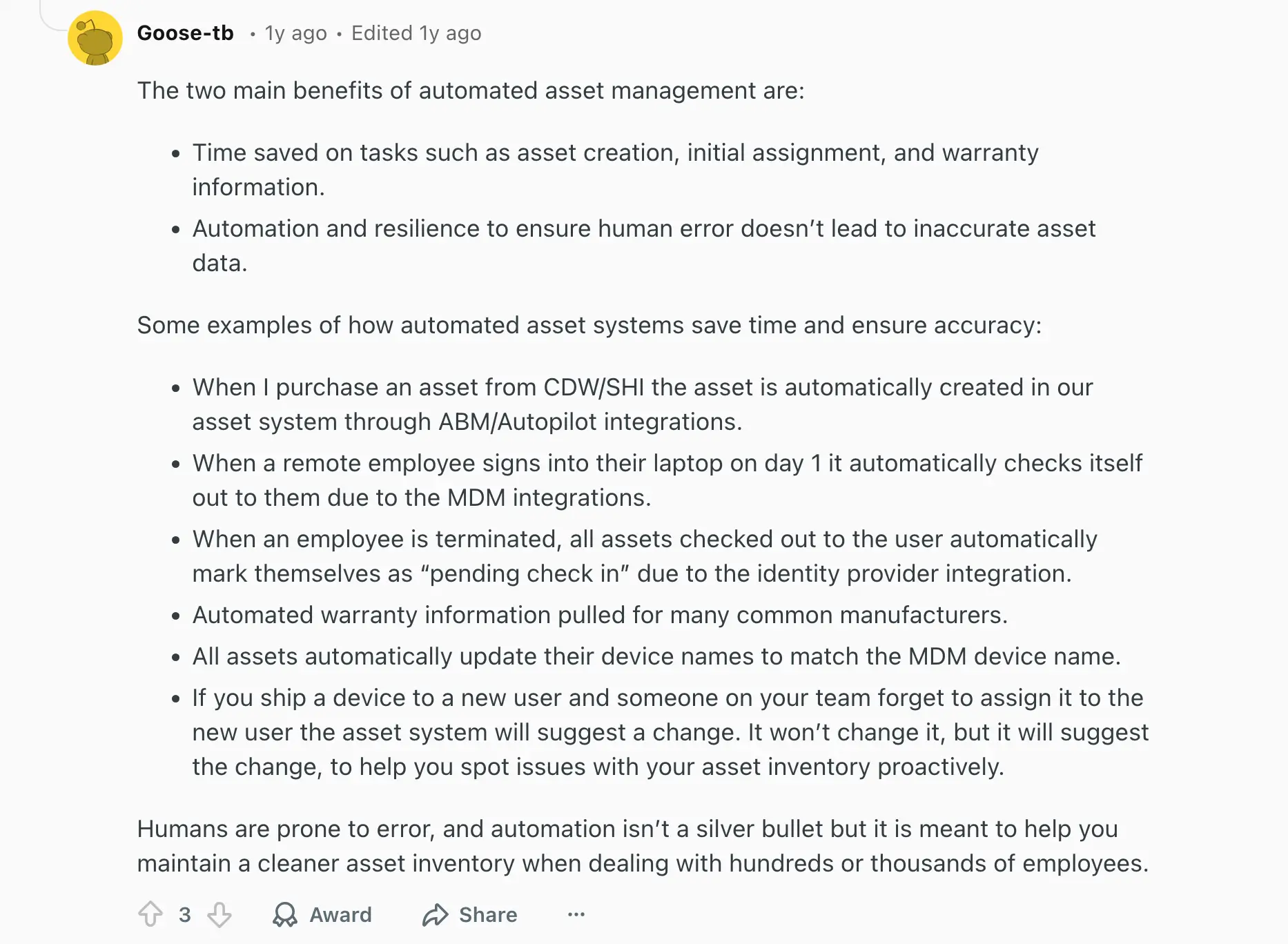 Reddit thread on asset management