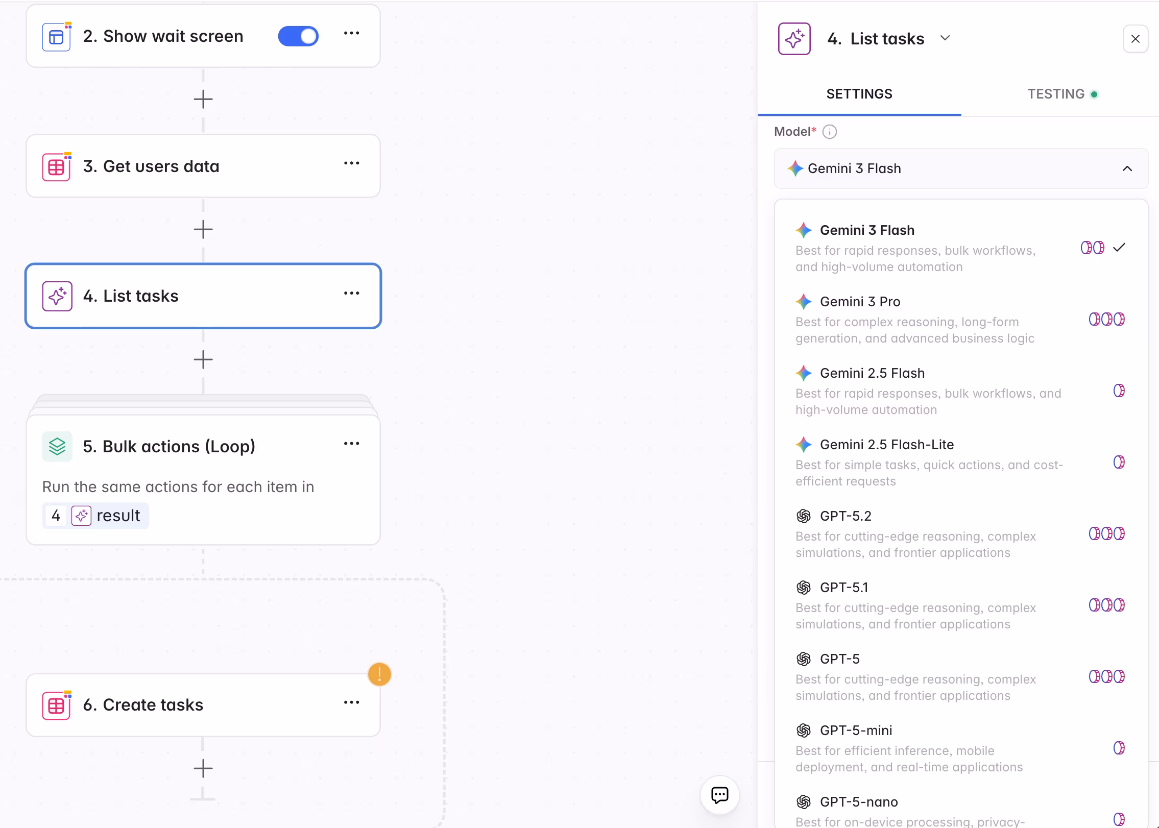 AI model selection in Softr workflows