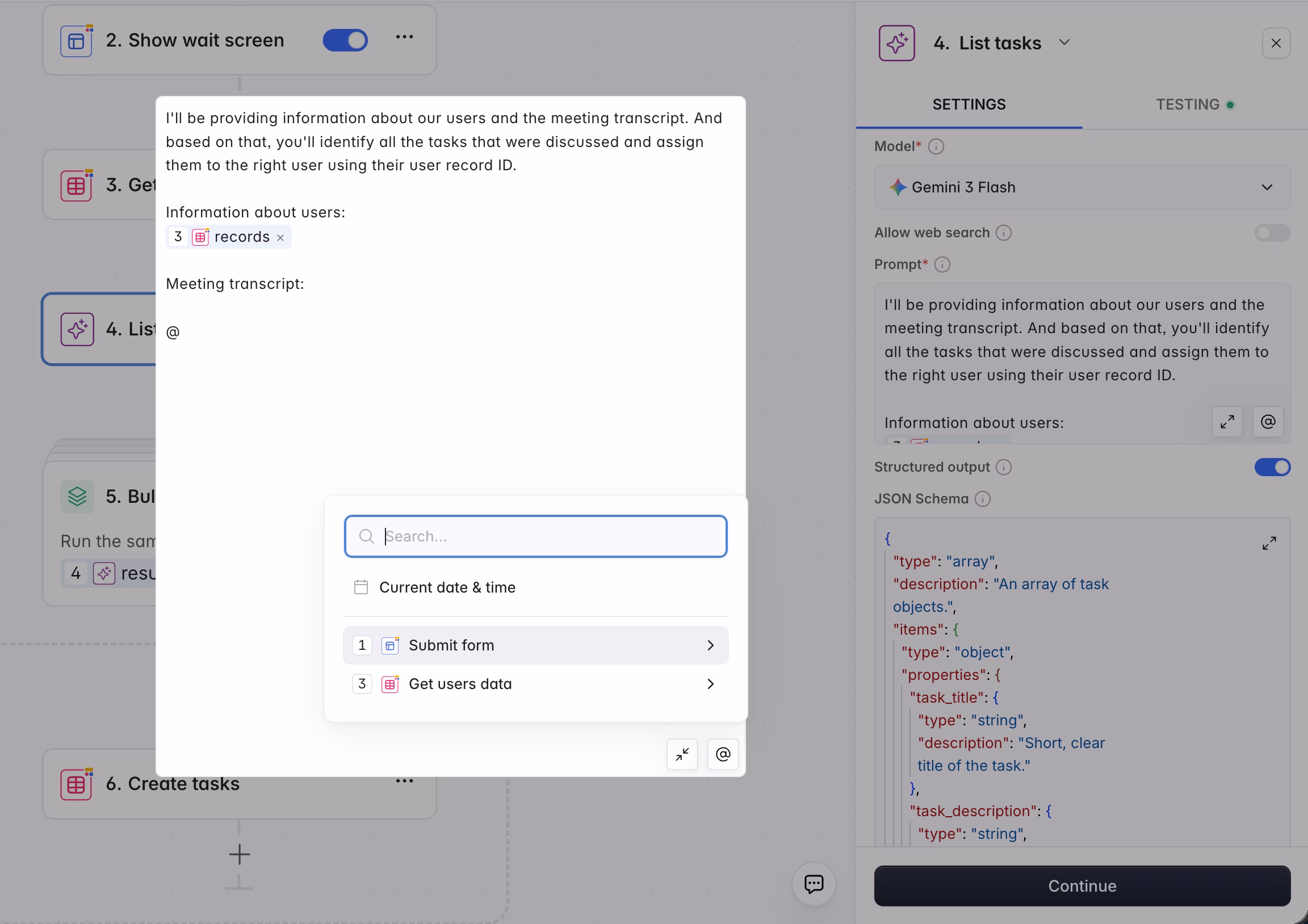 Tagging a variable in an AI prompt in a workflow