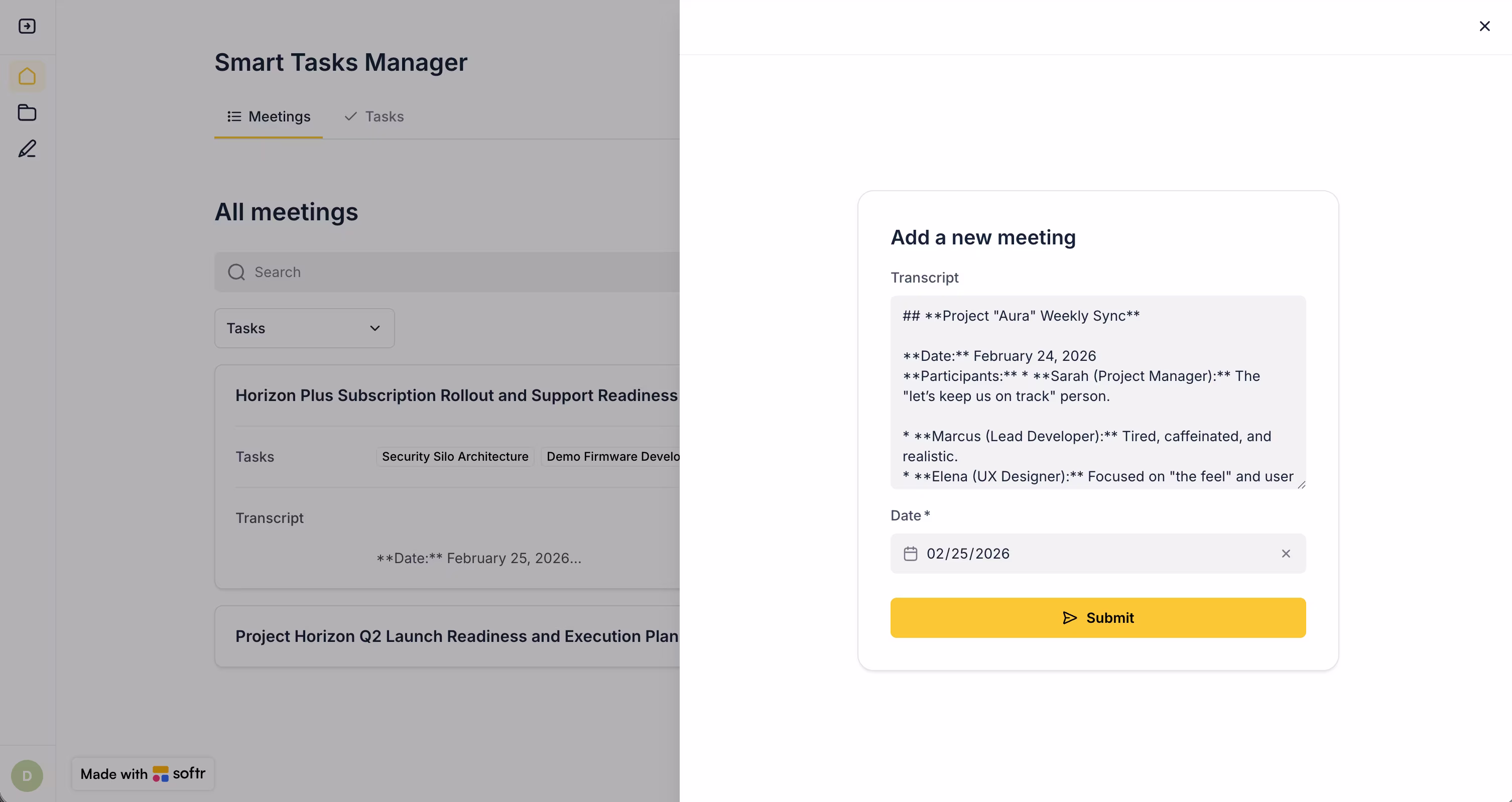Submitting the raw meeting transcript into a form in Softr before the AI workflow processes it