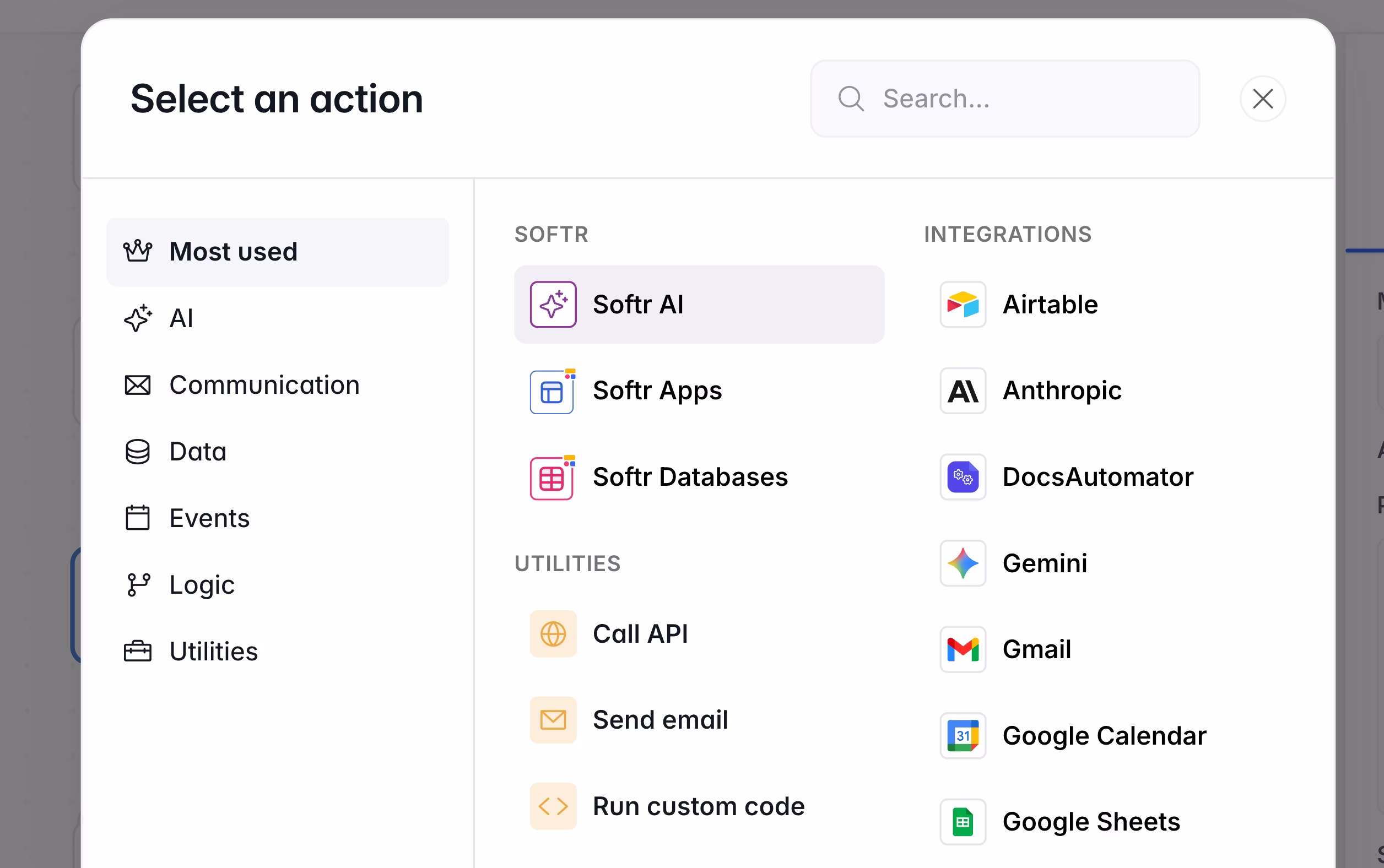 Selecting Softr AI action in workflow