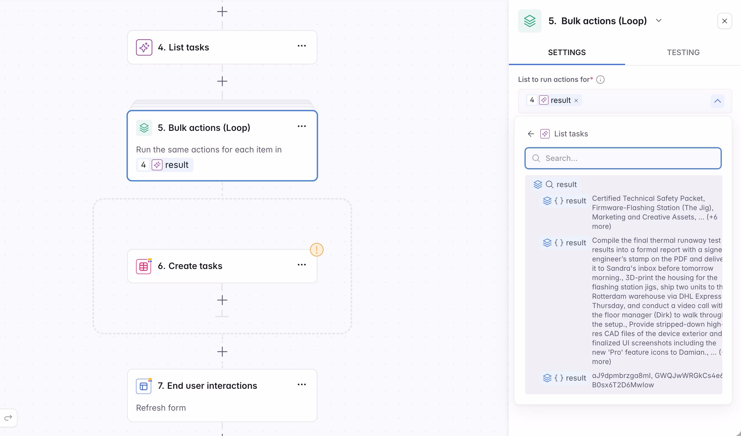 Selecting the list of items for the bulk action loop