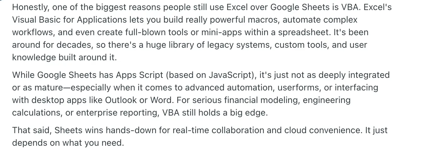 User discussing Excel vs Google Sheets on Reddit
