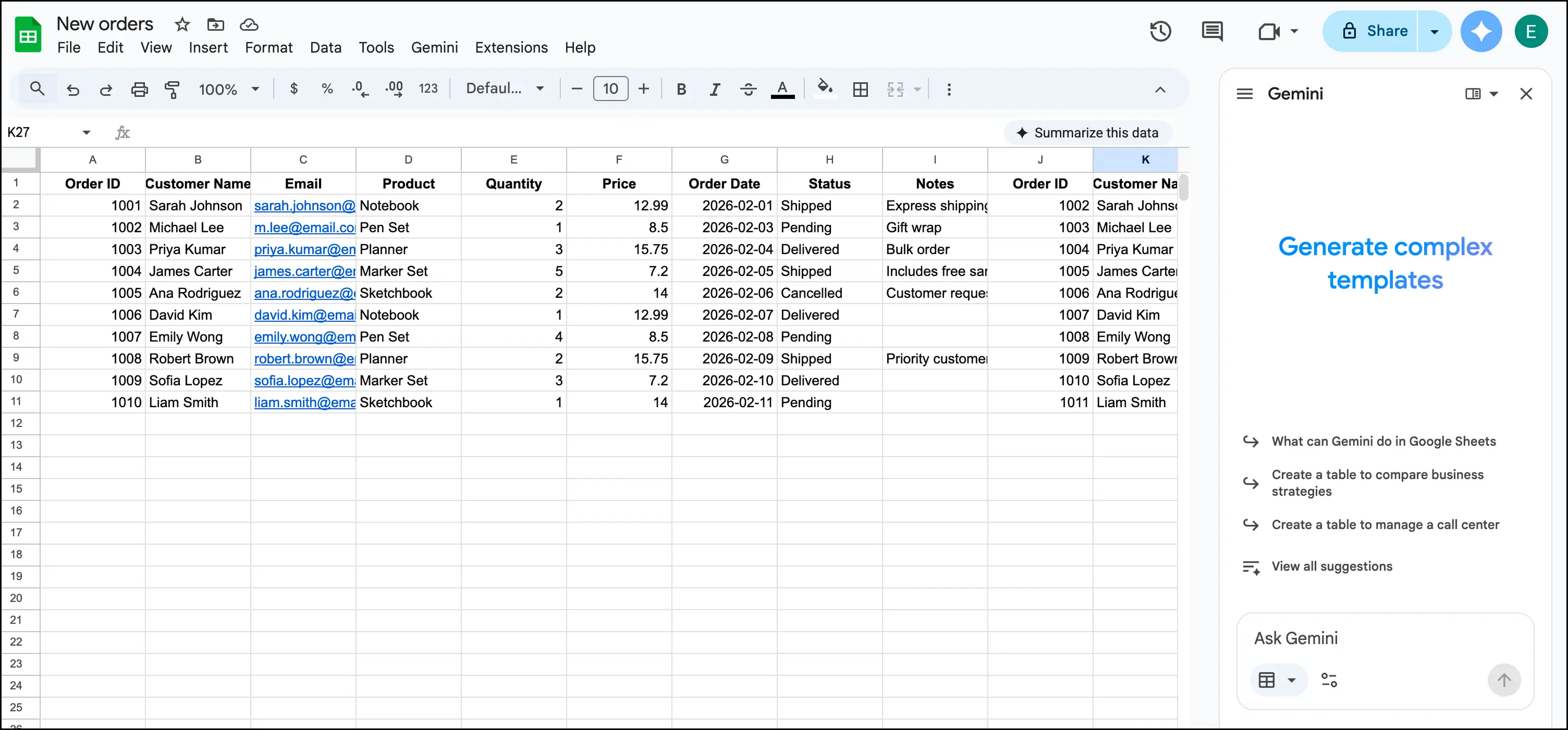 Spreadsheet displaying customer data