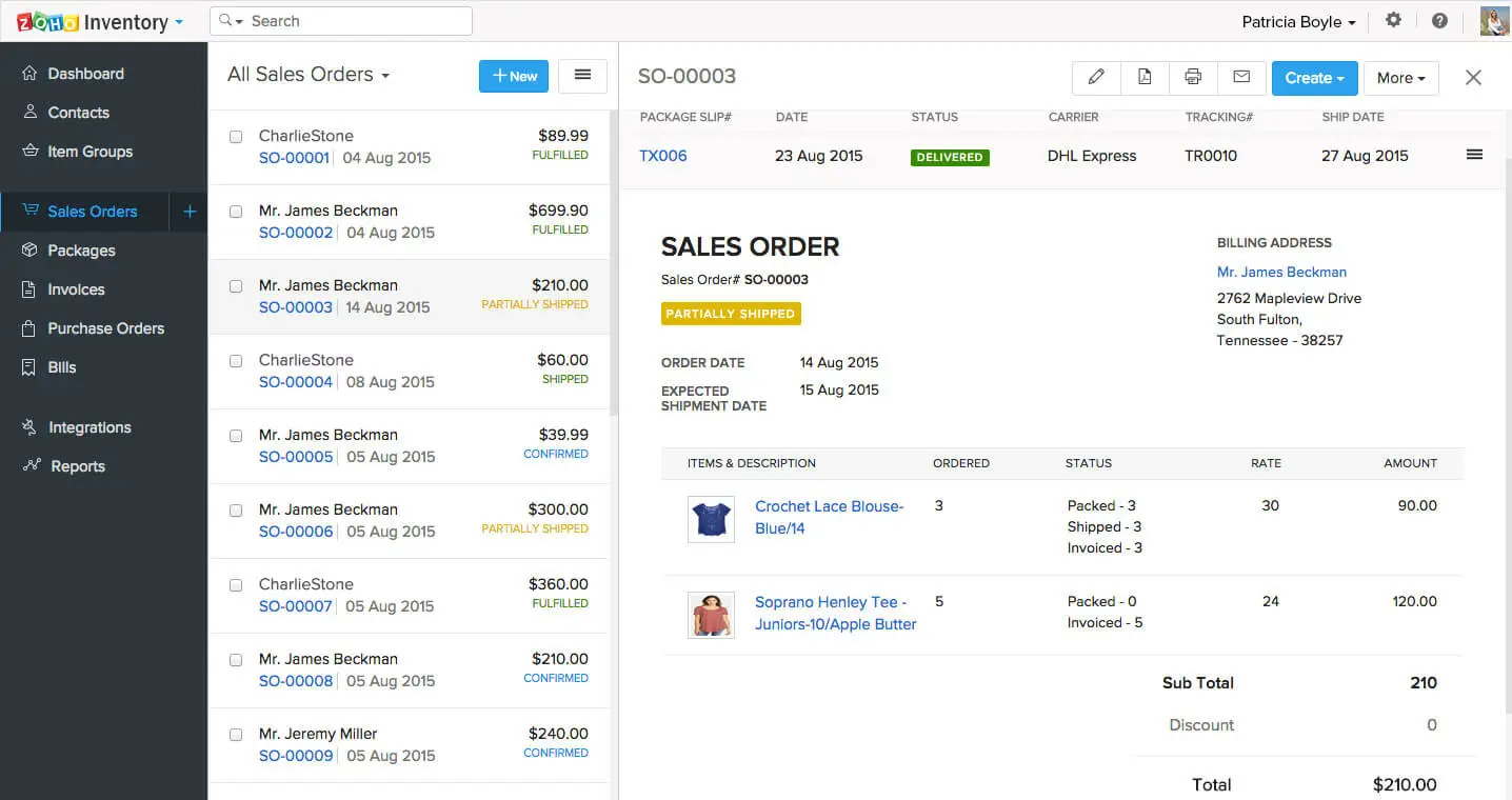 Zoho inventory user interface