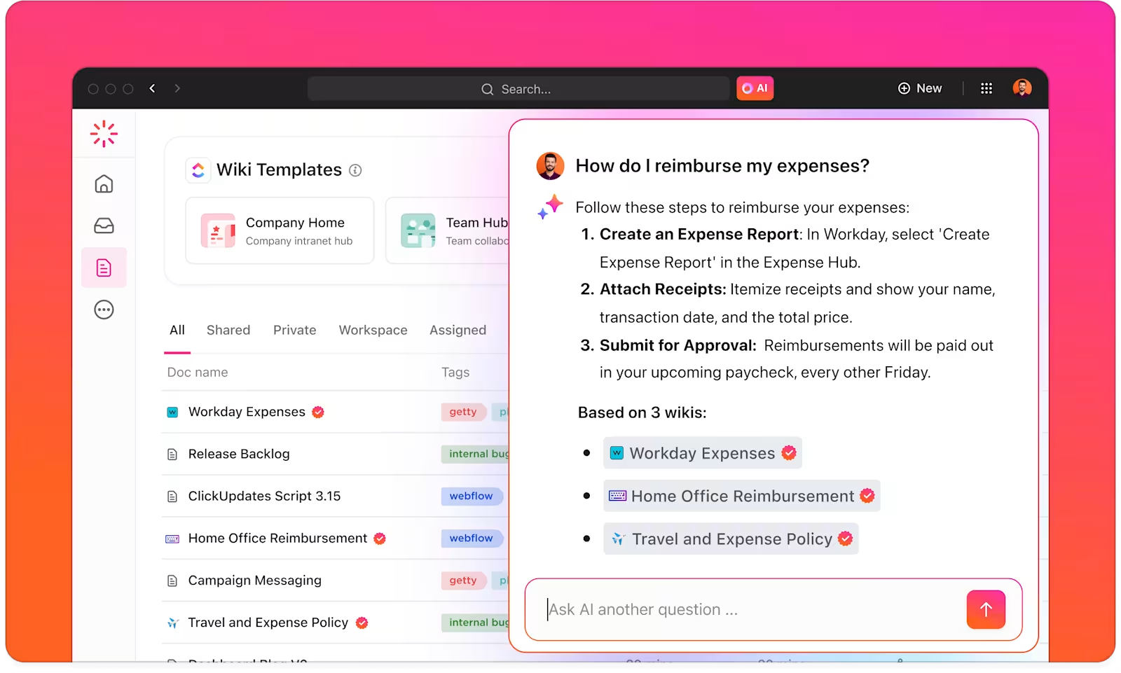 ClickUp wiki templates on display with AI