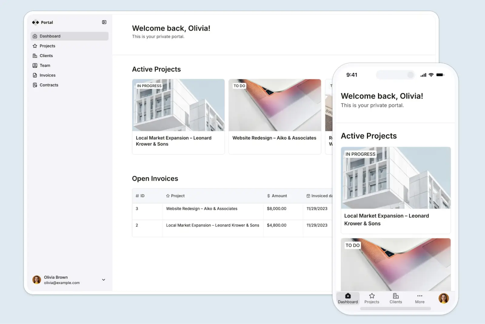 Softr dashboard showing active projects