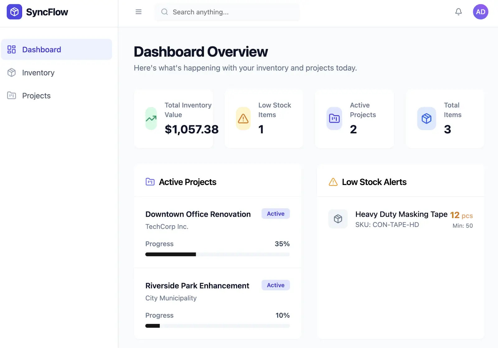 Base44 dashboard overview of inventory template