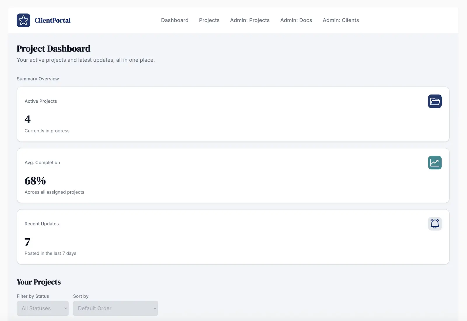Bubble project dashboard displaying number of projects