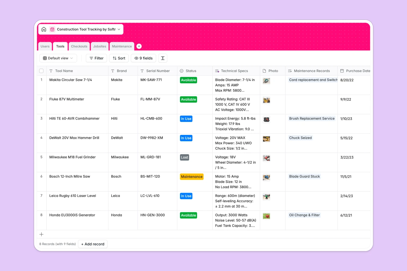 construction tool tracking database