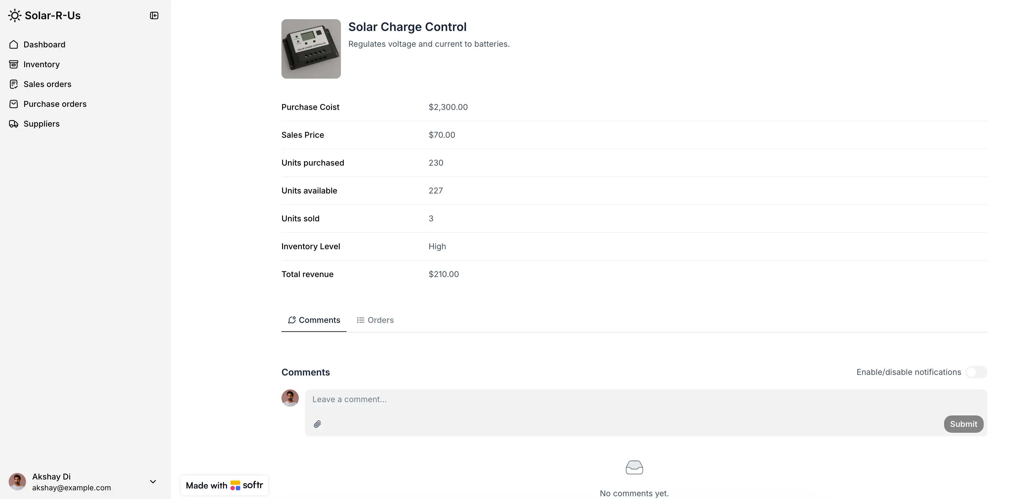 Inventory management system interface