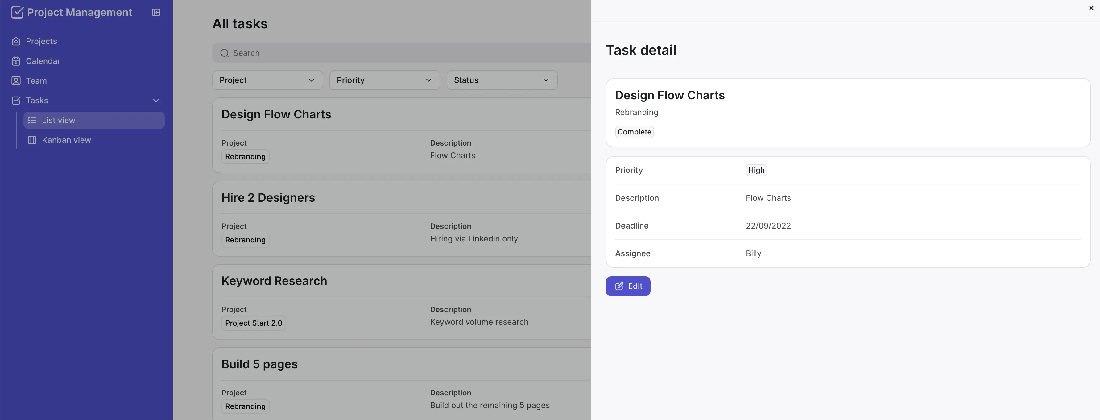 Project tracker tool interface tasks