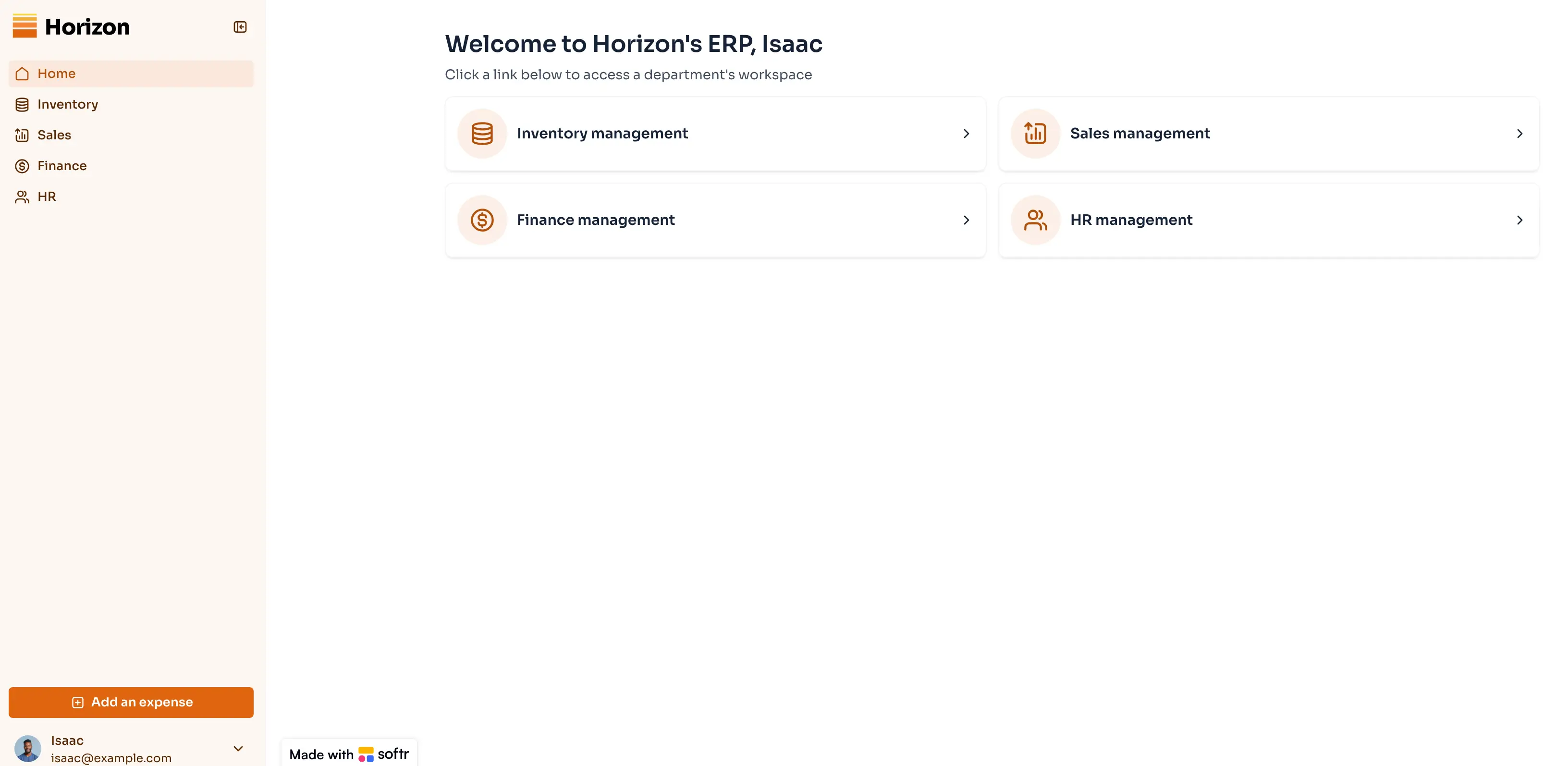 ERP system home page