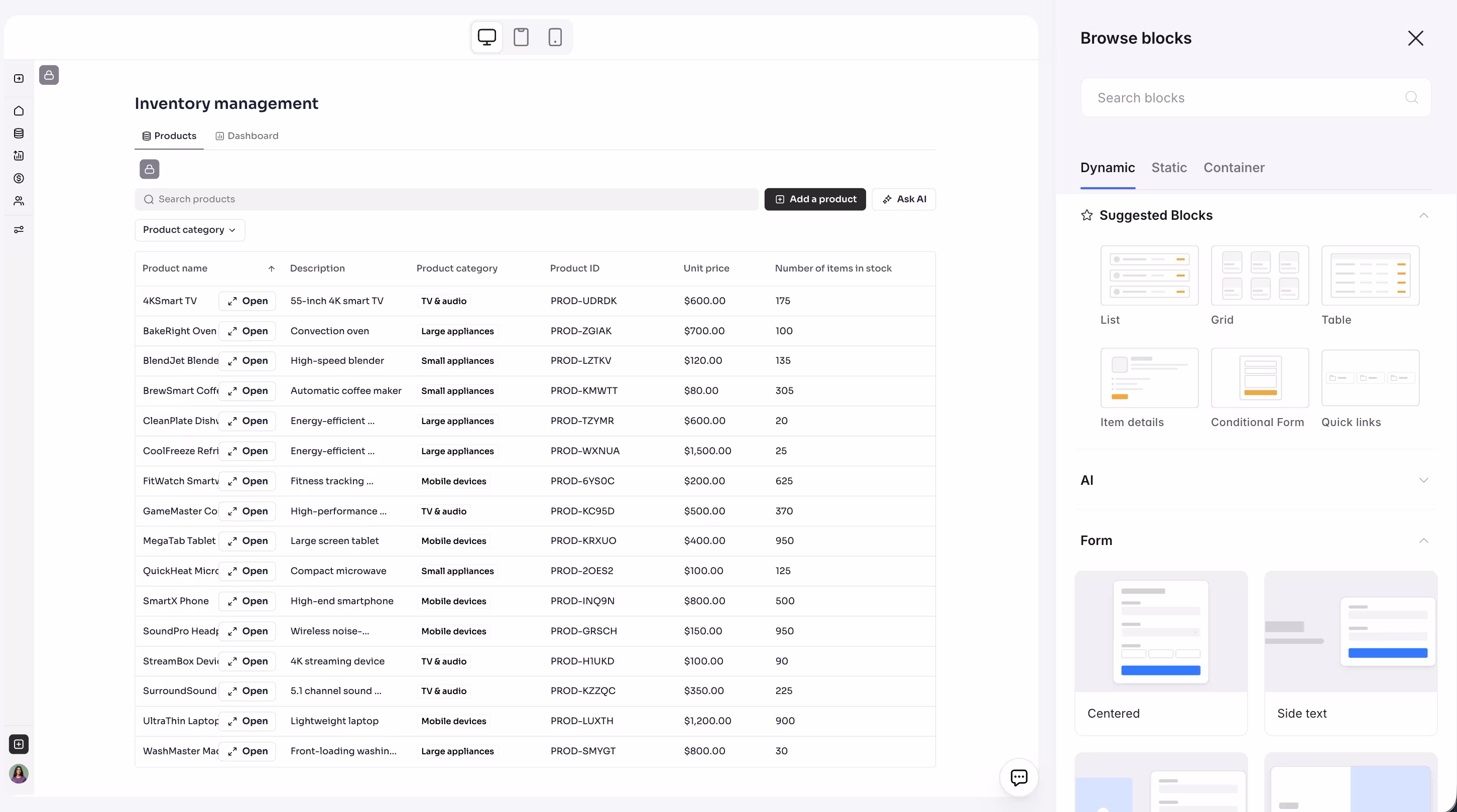 Selecting native blocks in Softr