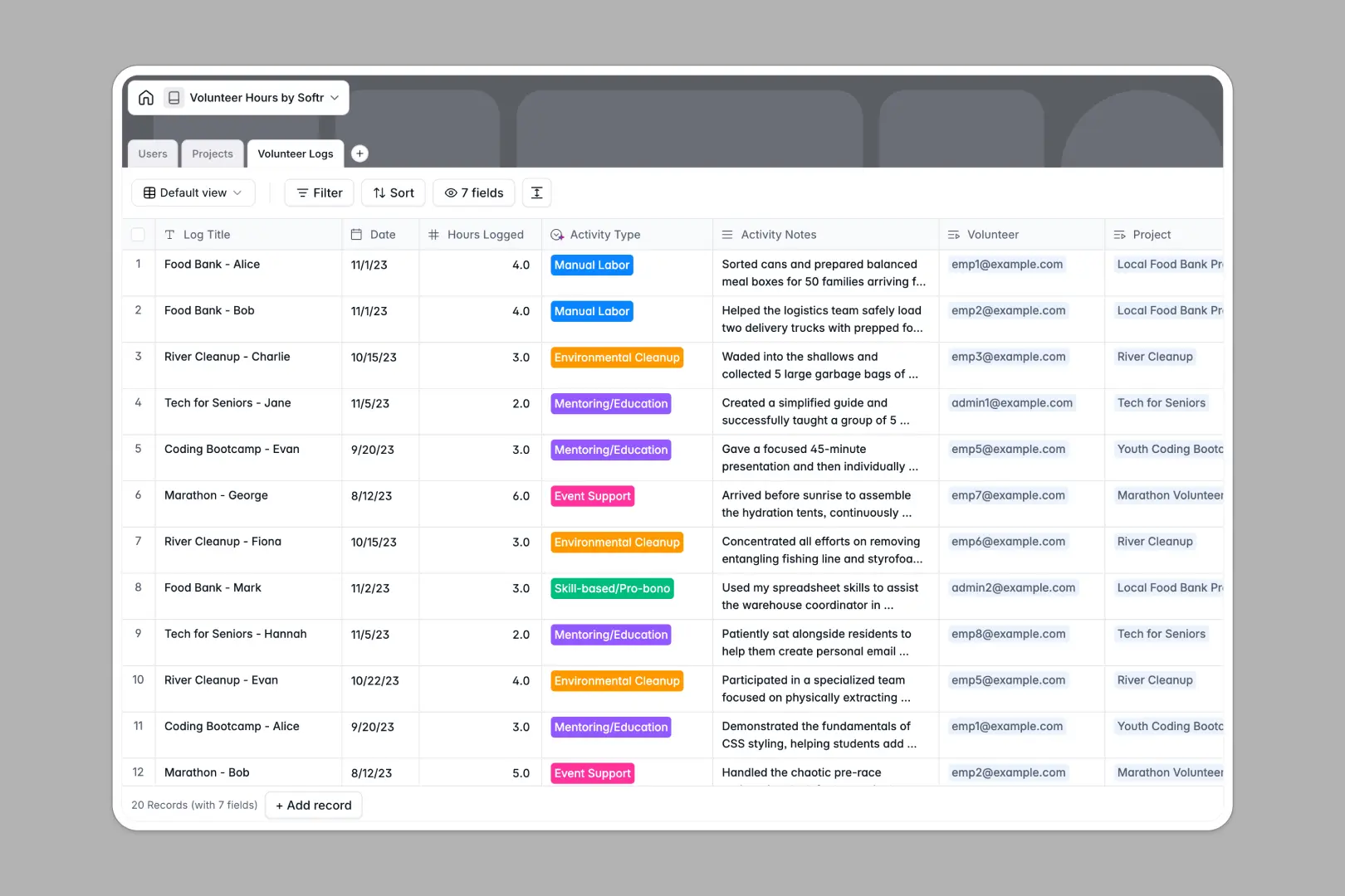 volunteer hours database