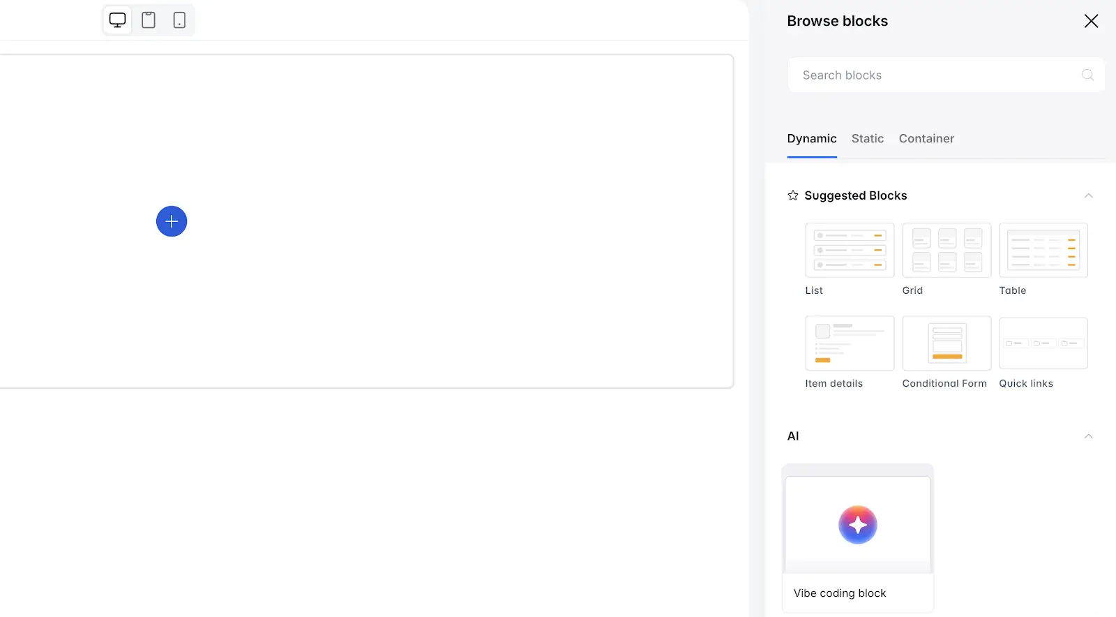 Where to find the Vibe Coding block in Softr 