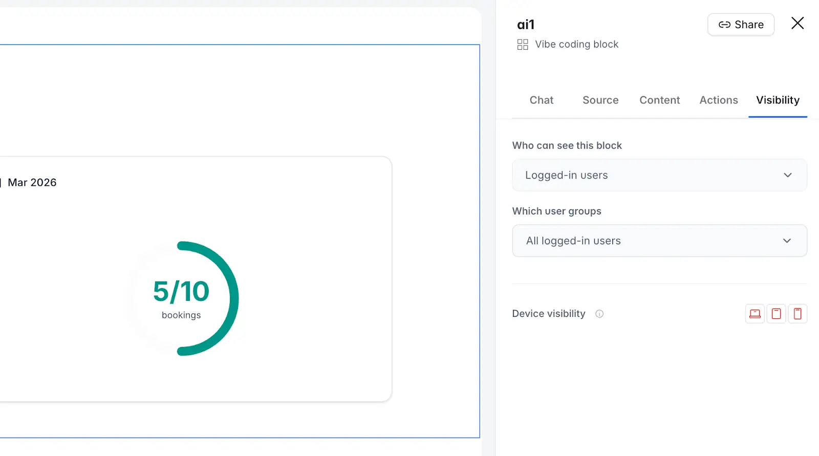 Vibe Coding block visibility settings