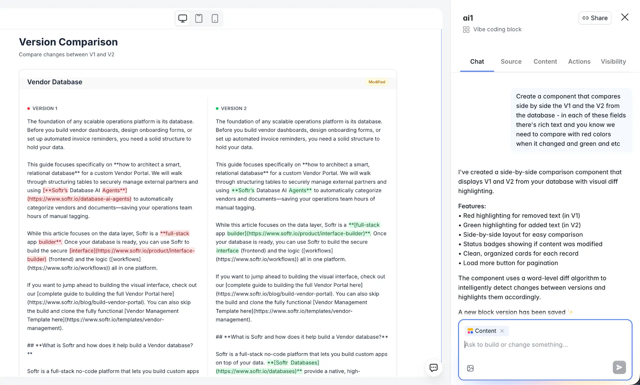 Version comparison interface