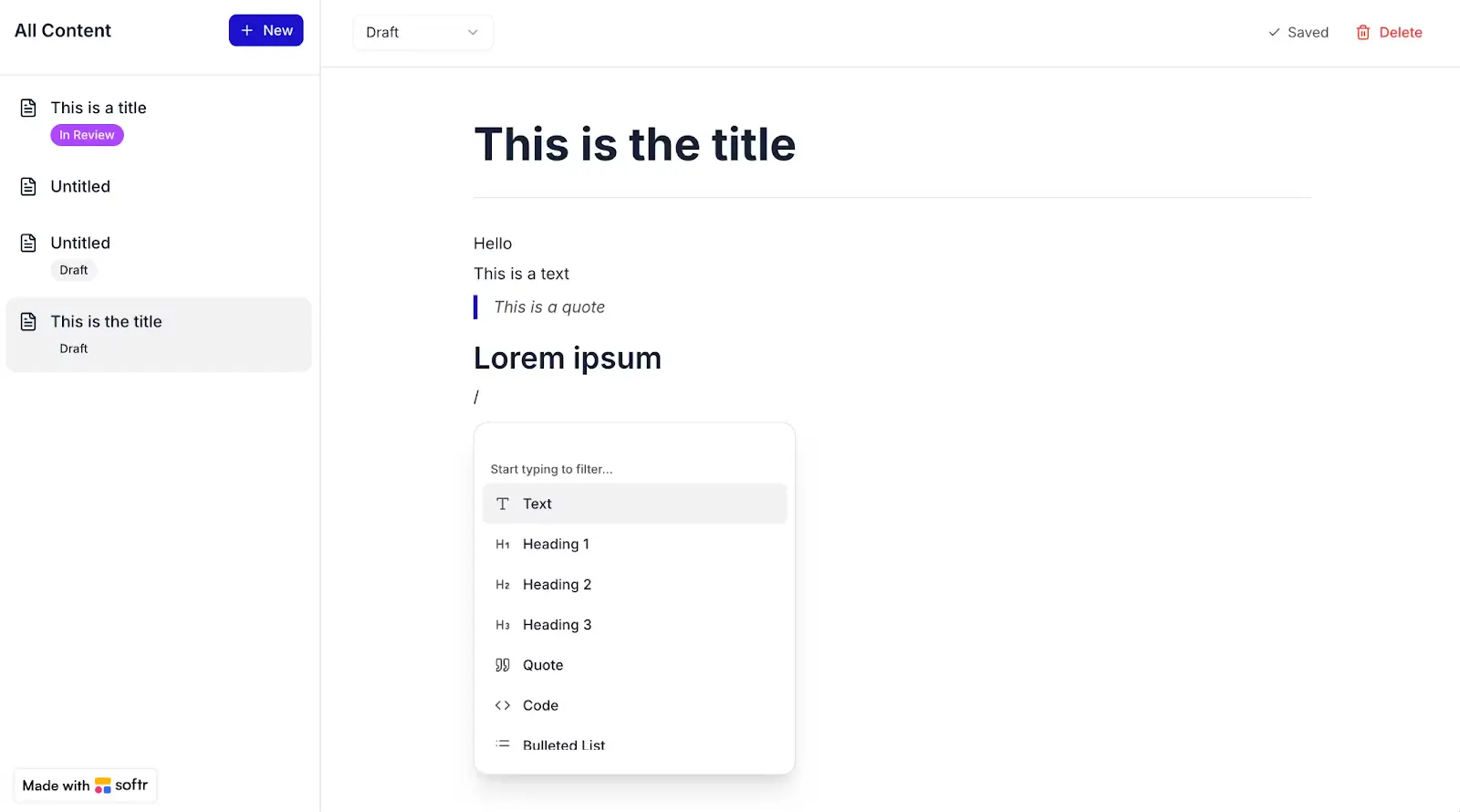 Rich-text editor built with the Vibe Coding block in Softr