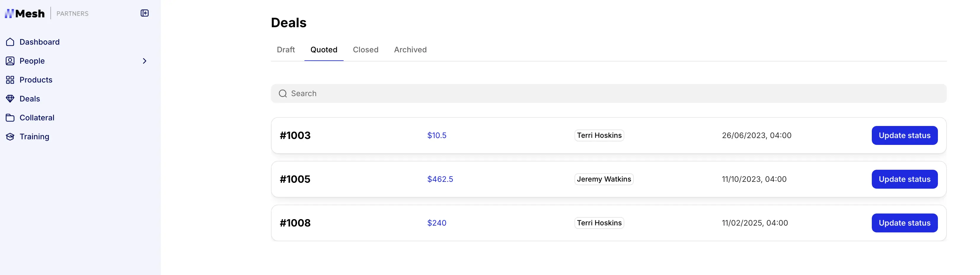Deals view in Softr's PRM software