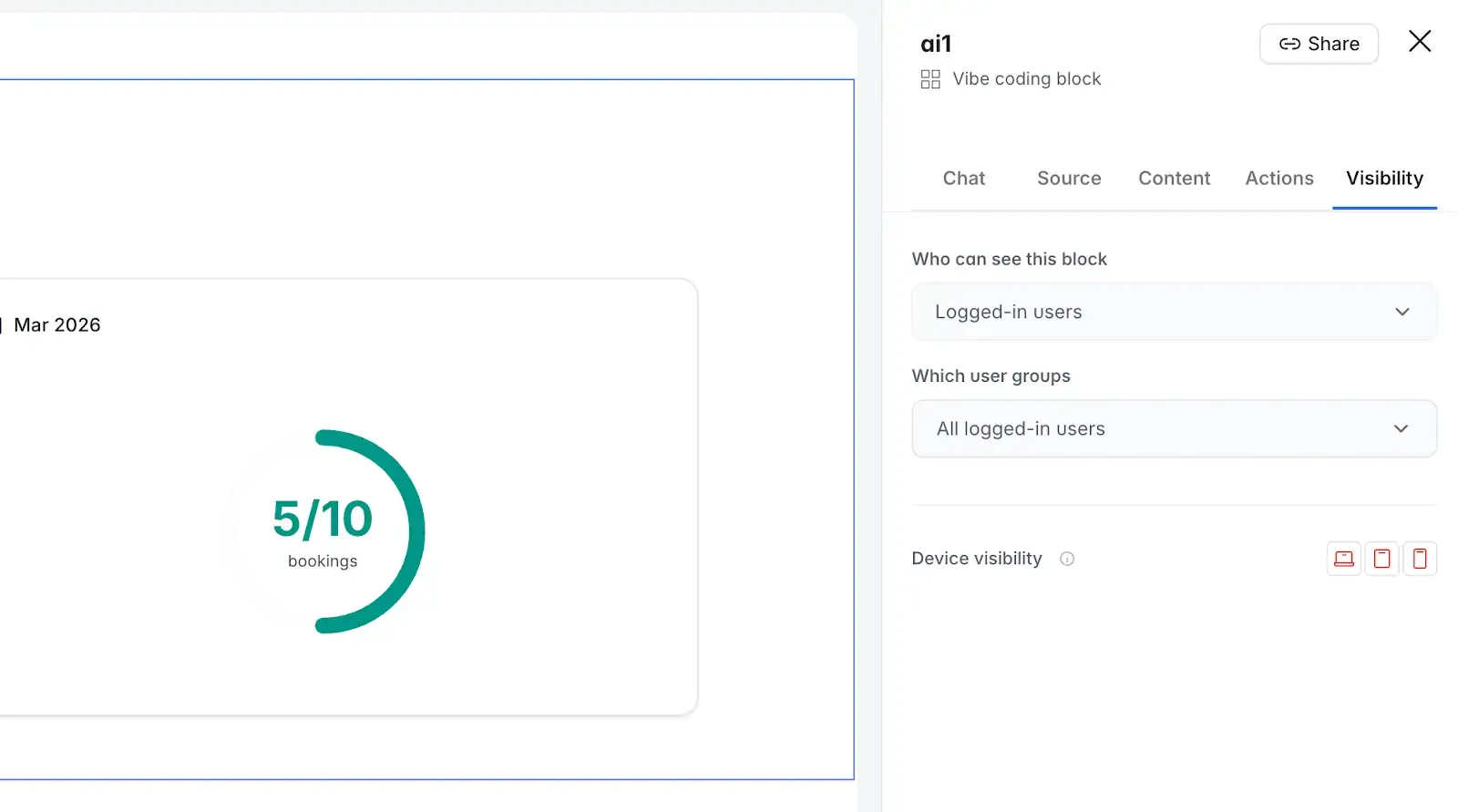 User permissions settings in the Softr Vibe Coding block