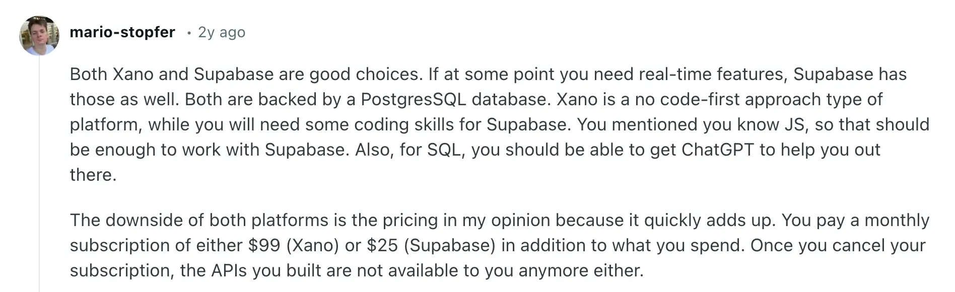 reddit discussion xano vs supabase 2