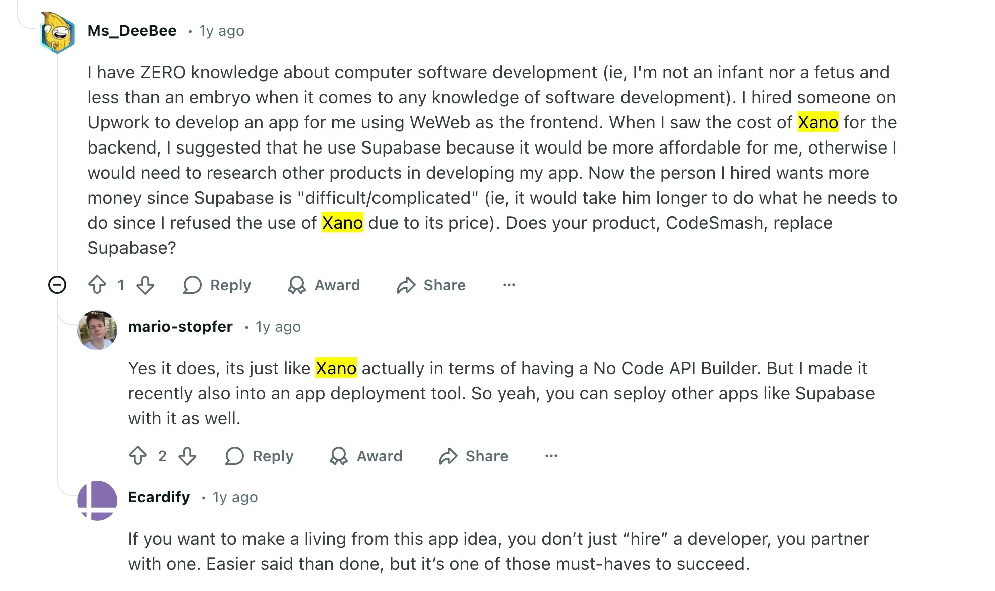 reddit discussion xano vs supabase 3