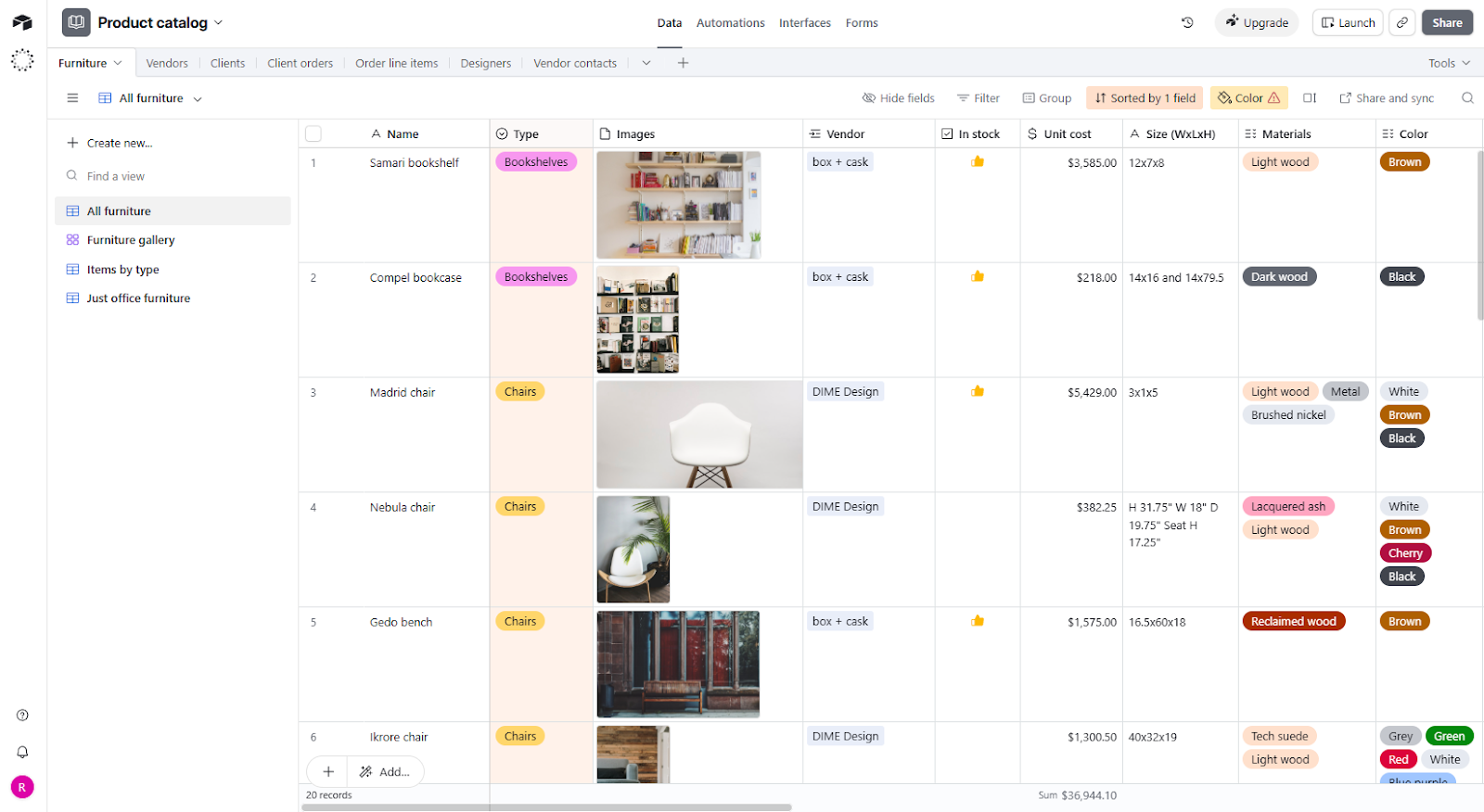 Airtable product catalog example with listings