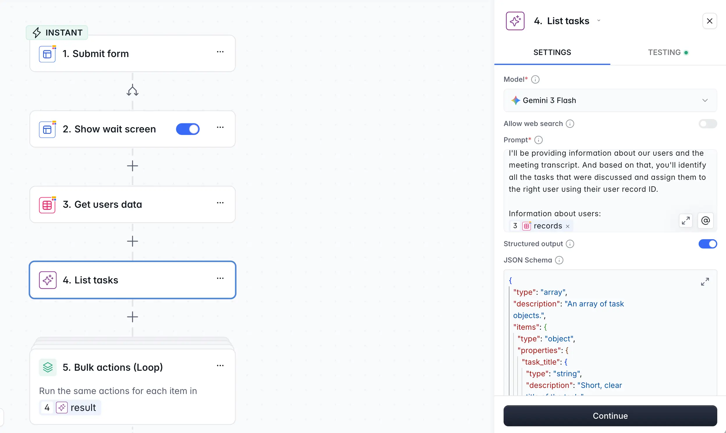 Softr workflow detailing AI step