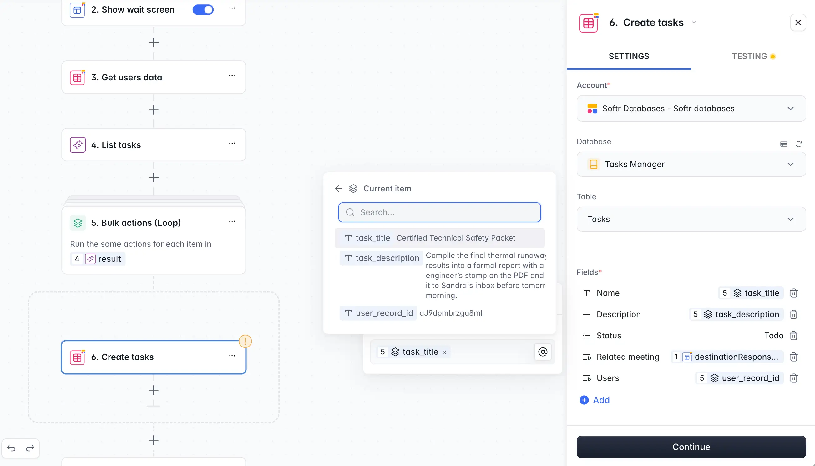 Softr create tasks action in Softr workflow