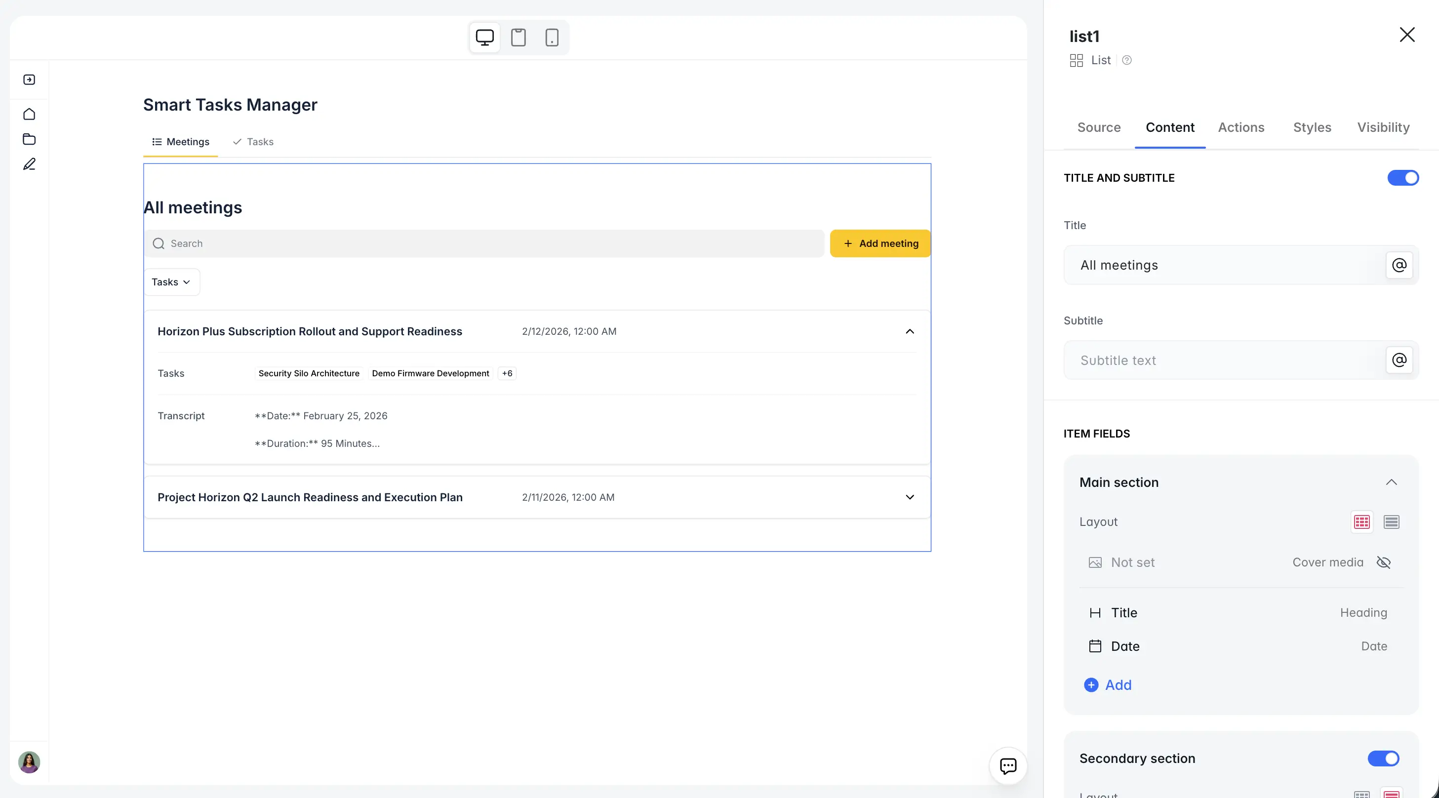 Smart tasks manager all meetings card