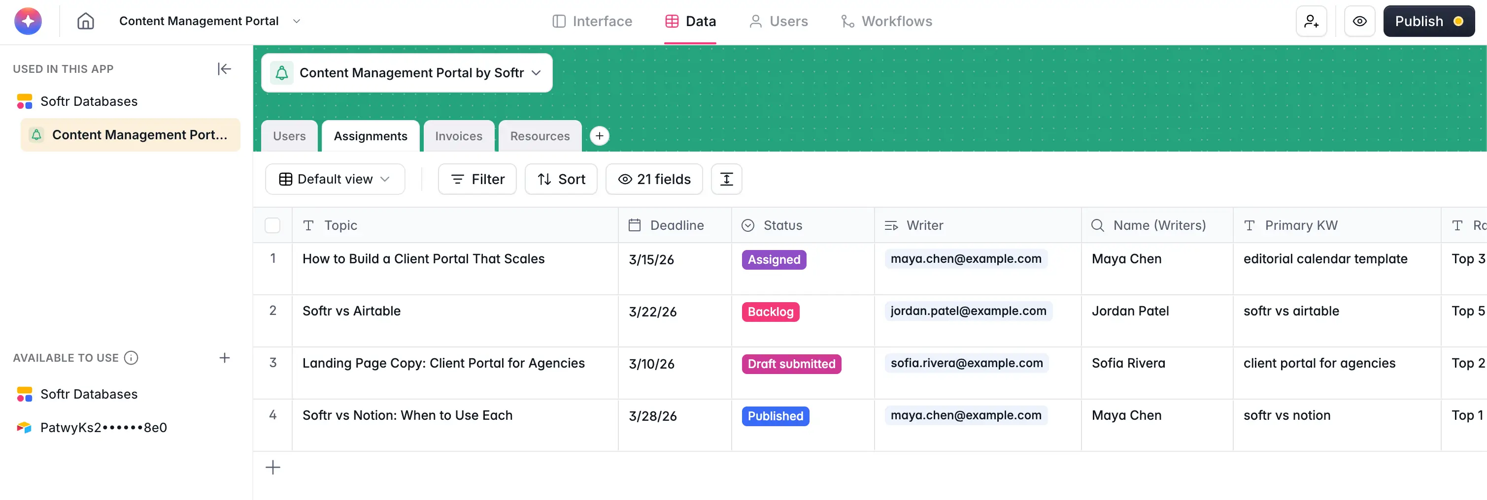 Content management portal Assignments table