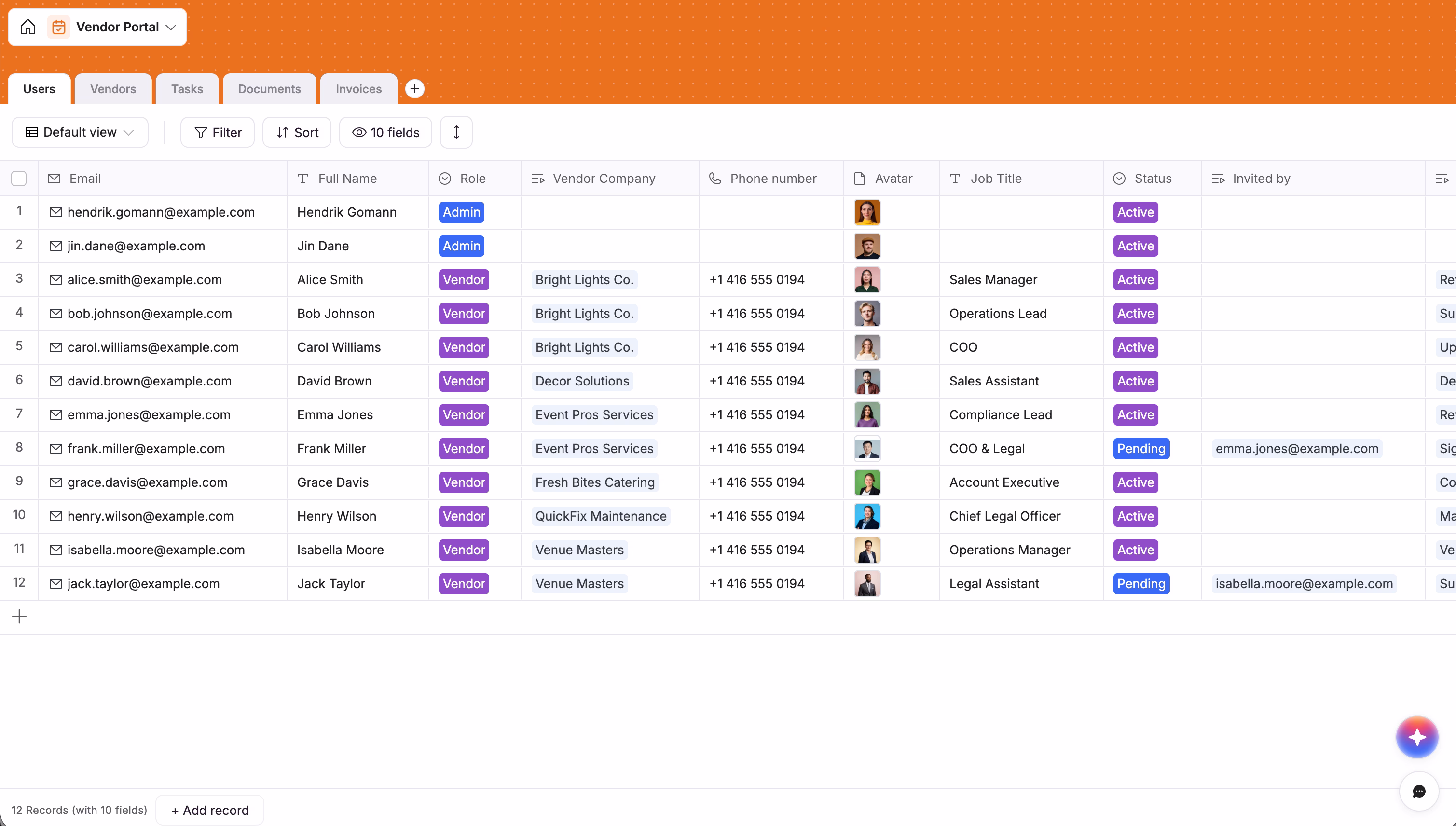 Vendor Database users table