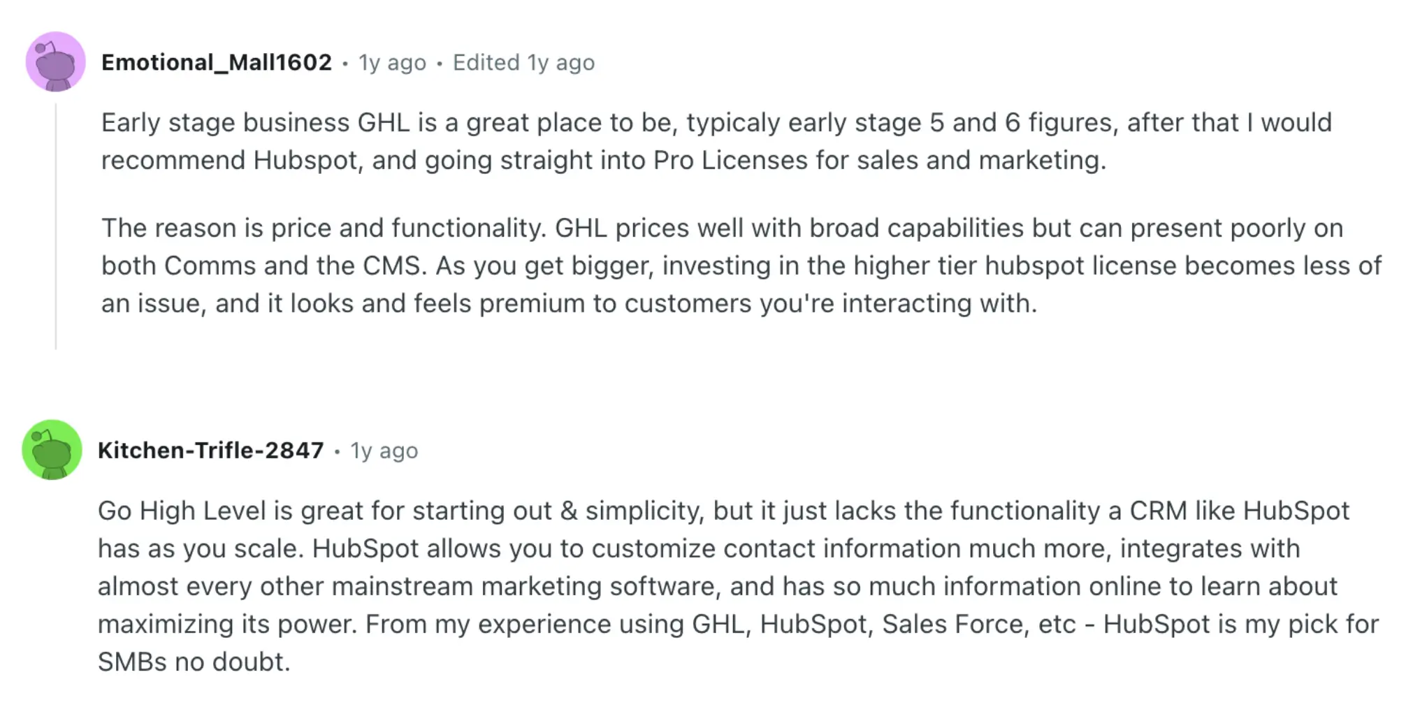 gohighlevel vs hubspot reddit discussions 1