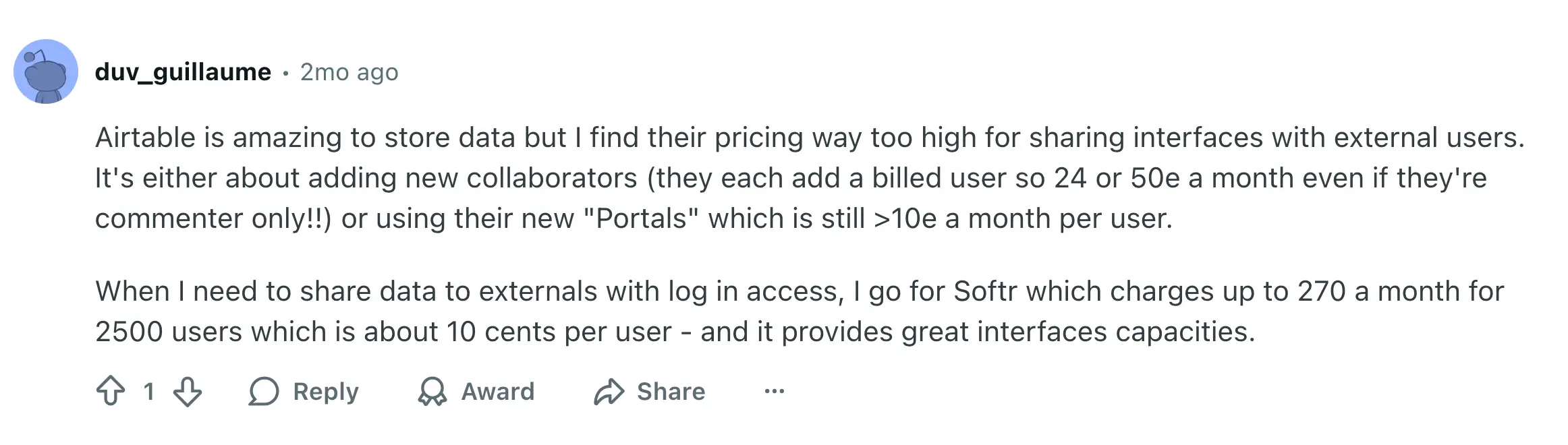 Users comparing Airtable vs Softr on Reddit