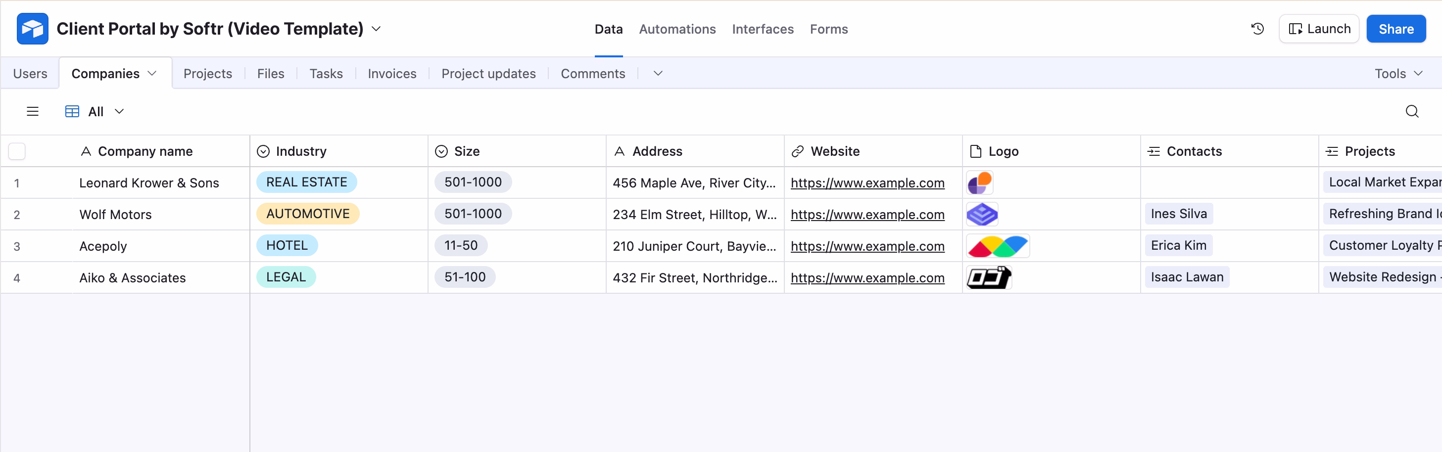 "Company" table in the database for the client