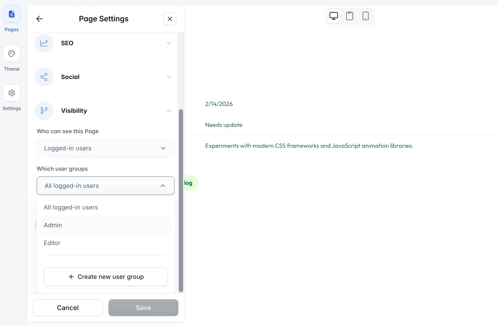 Page visibility settings in Softr
