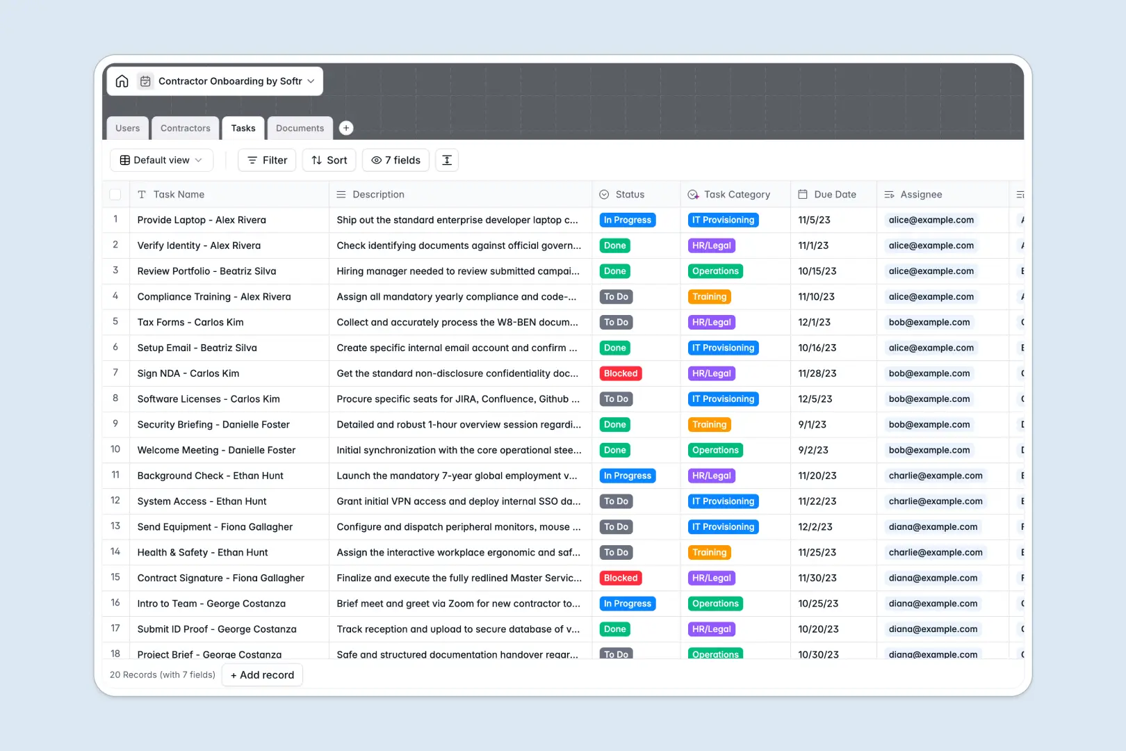 contractor onboarding database