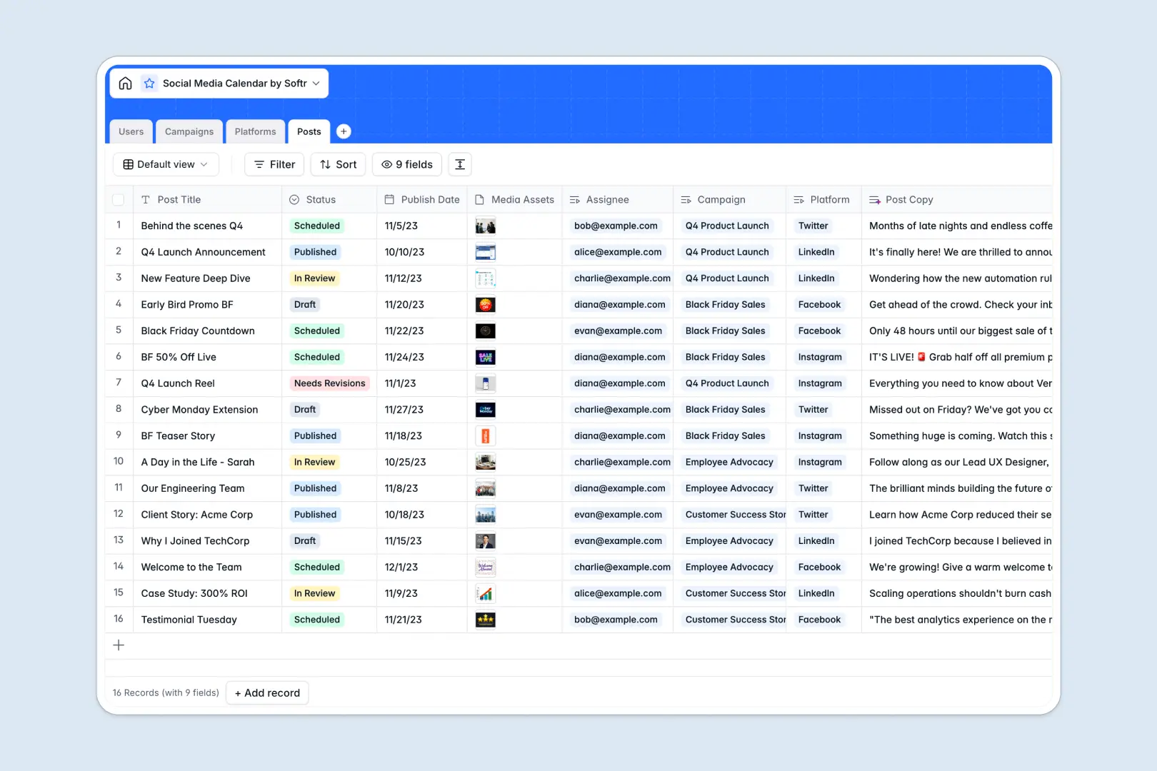 social media calendar database