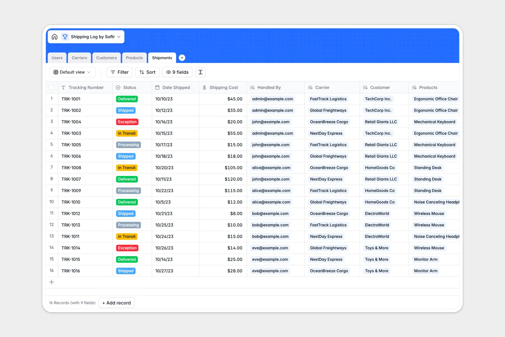 shipping log database